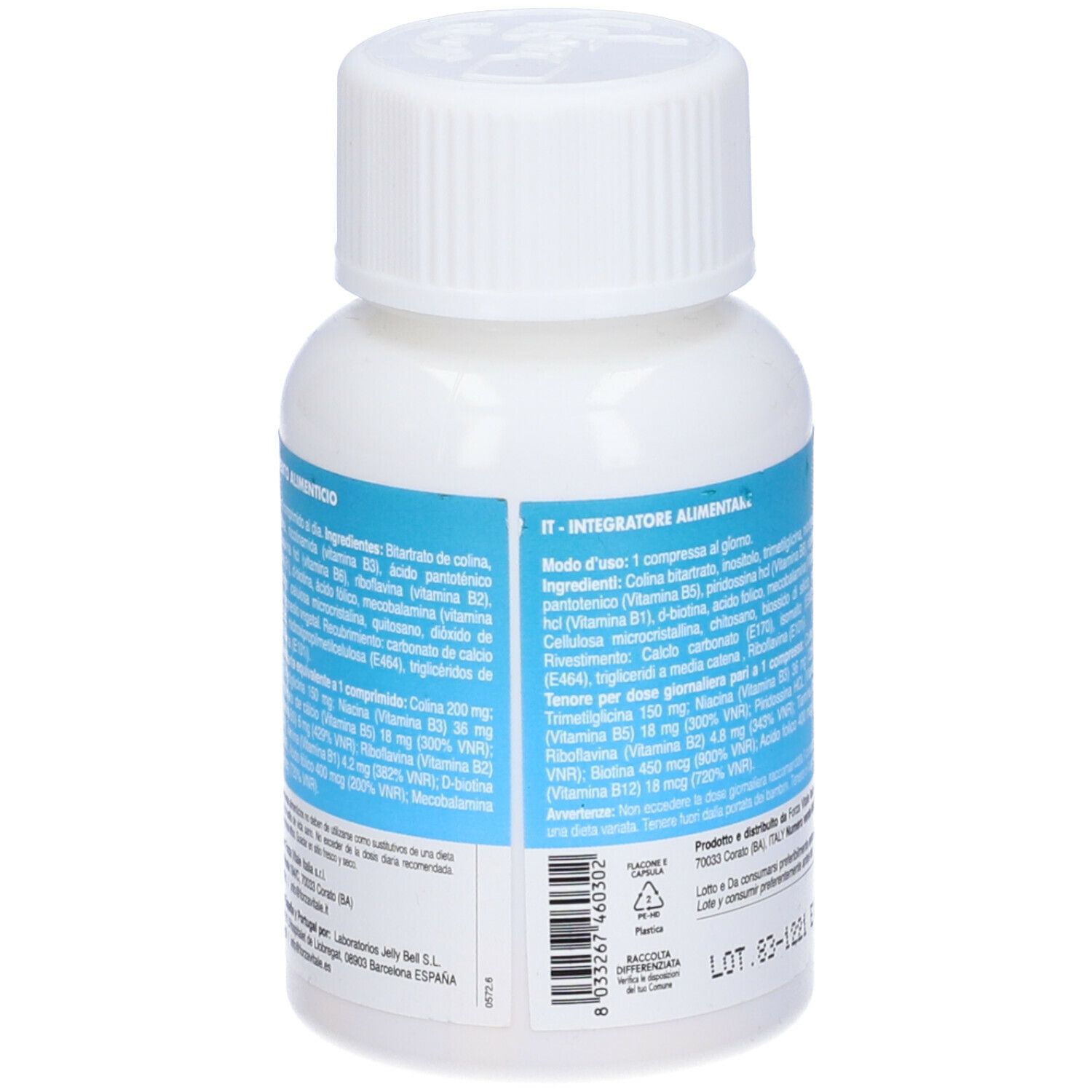 Flacone bianco con etichetta blu e tappo bianco. Scritta: B-Genom DNA, 60 compresse. Elenco ingredienti.
