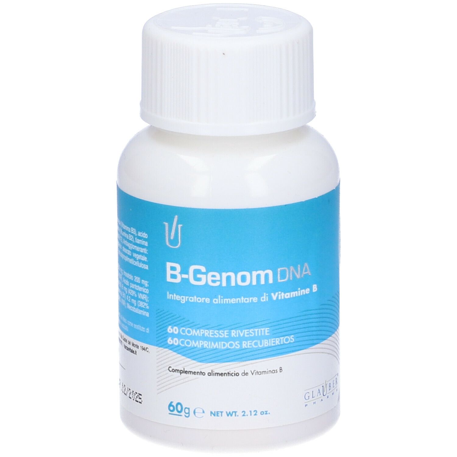 Flacone bianco con etichetta blu e tappo bianco. Scritta: B-Genom DNA, 60 compresse. Elenco ingredienti.