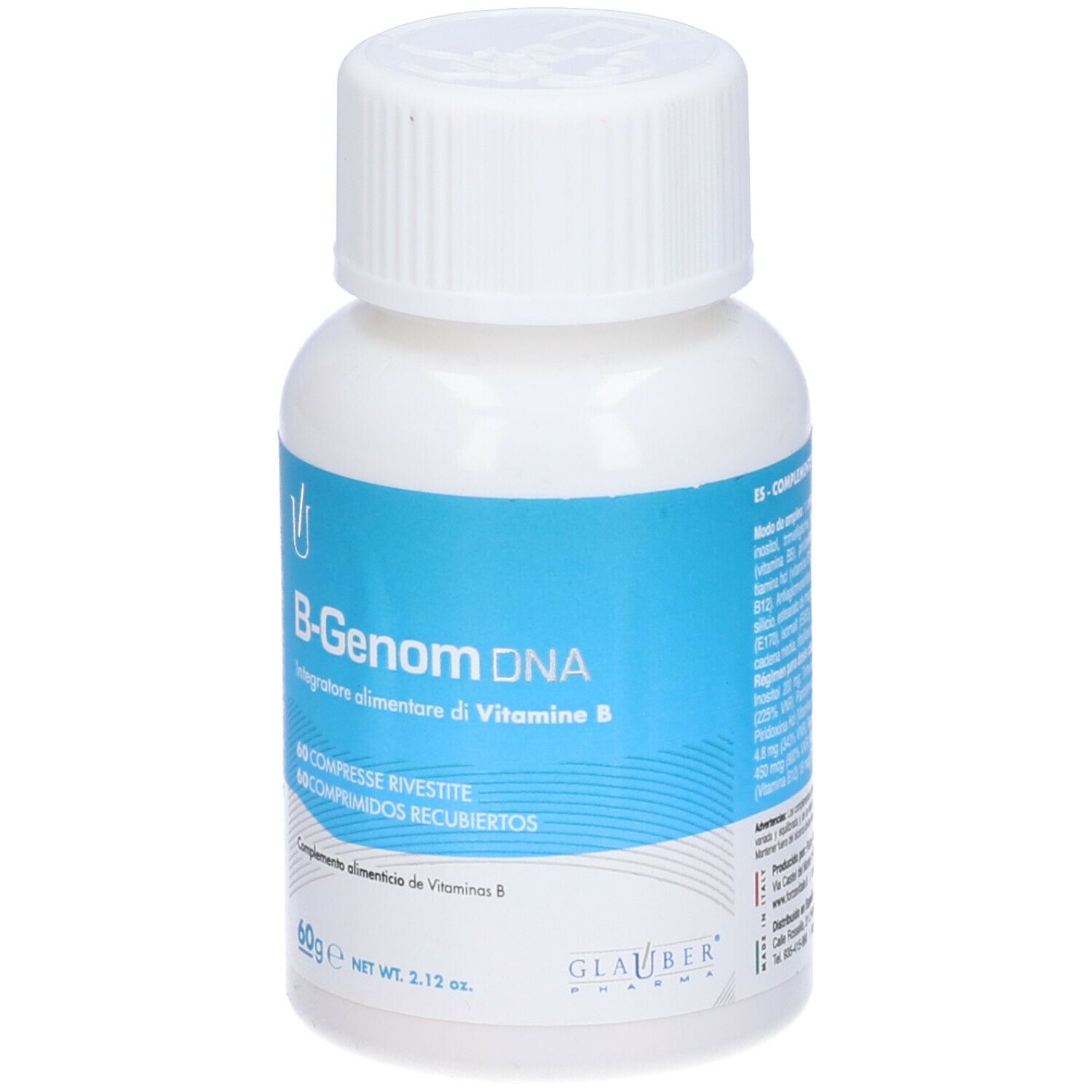 Flacone bianco con etichetta blu e tappo bianco. Scritta: B-Genom DNA, 60 compresse. Marchio: Glauber Pharma.