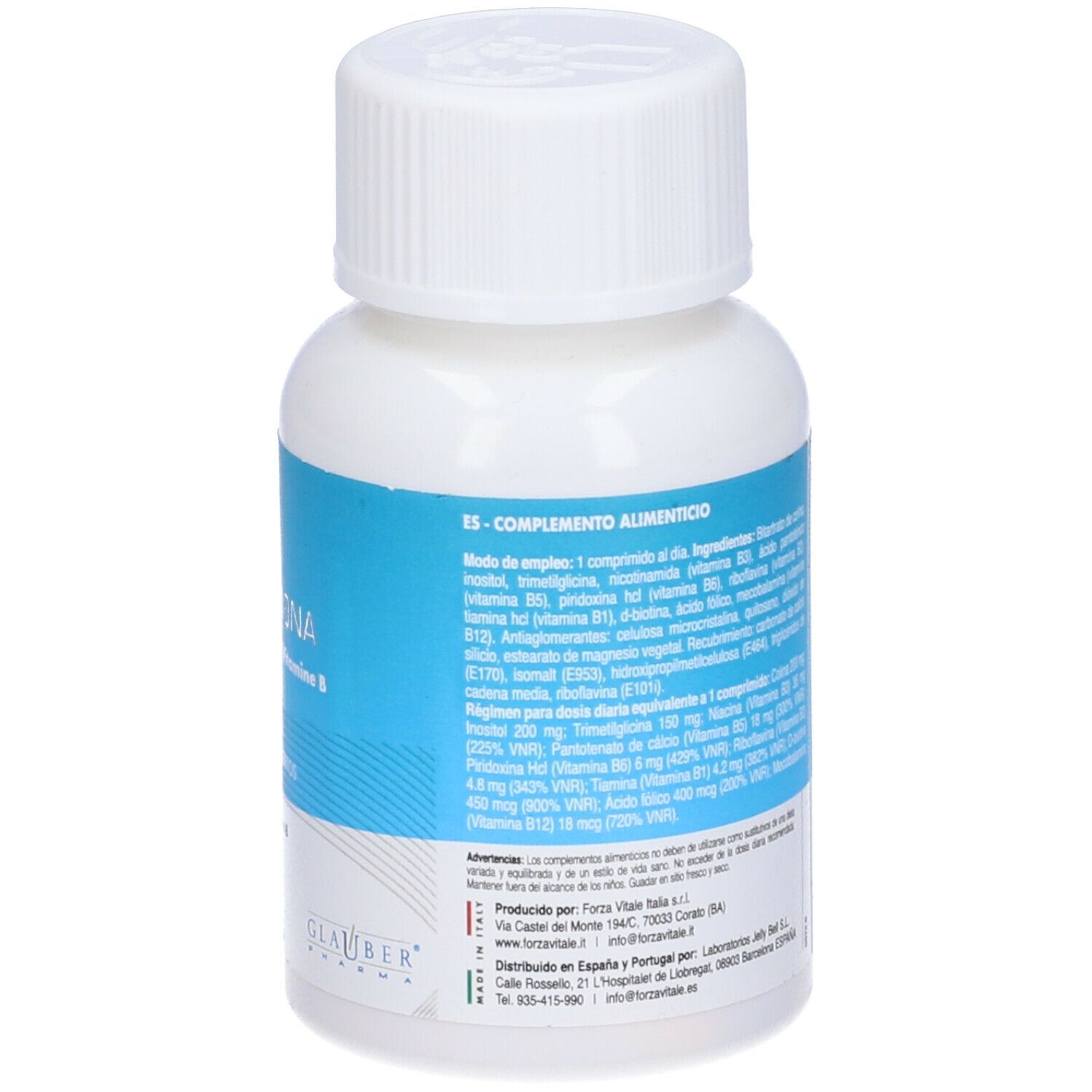 Flacone bianco con etichetta blu e tappo bianco. Scritta: B-Genom DNA, 60 compresse. Elenco ingredienti.