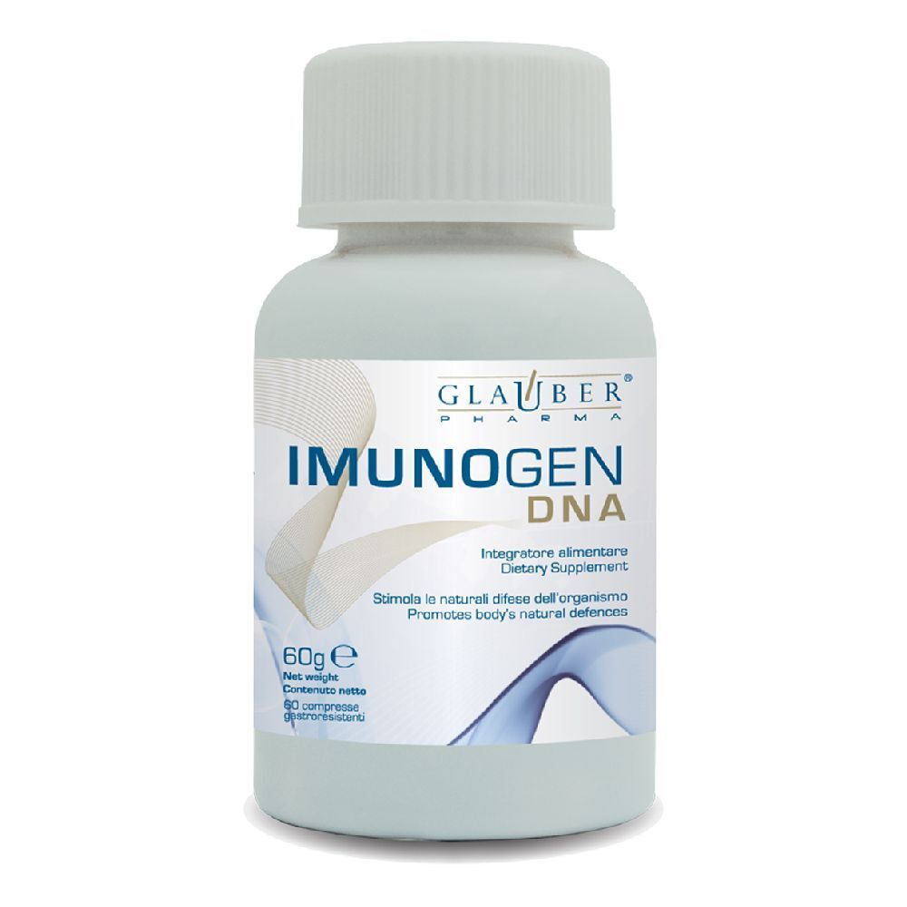 Flacone di Imunogen DNA, 60 compresse. Contenitore bianco con etichetta blu. Contiene 60 compresse.