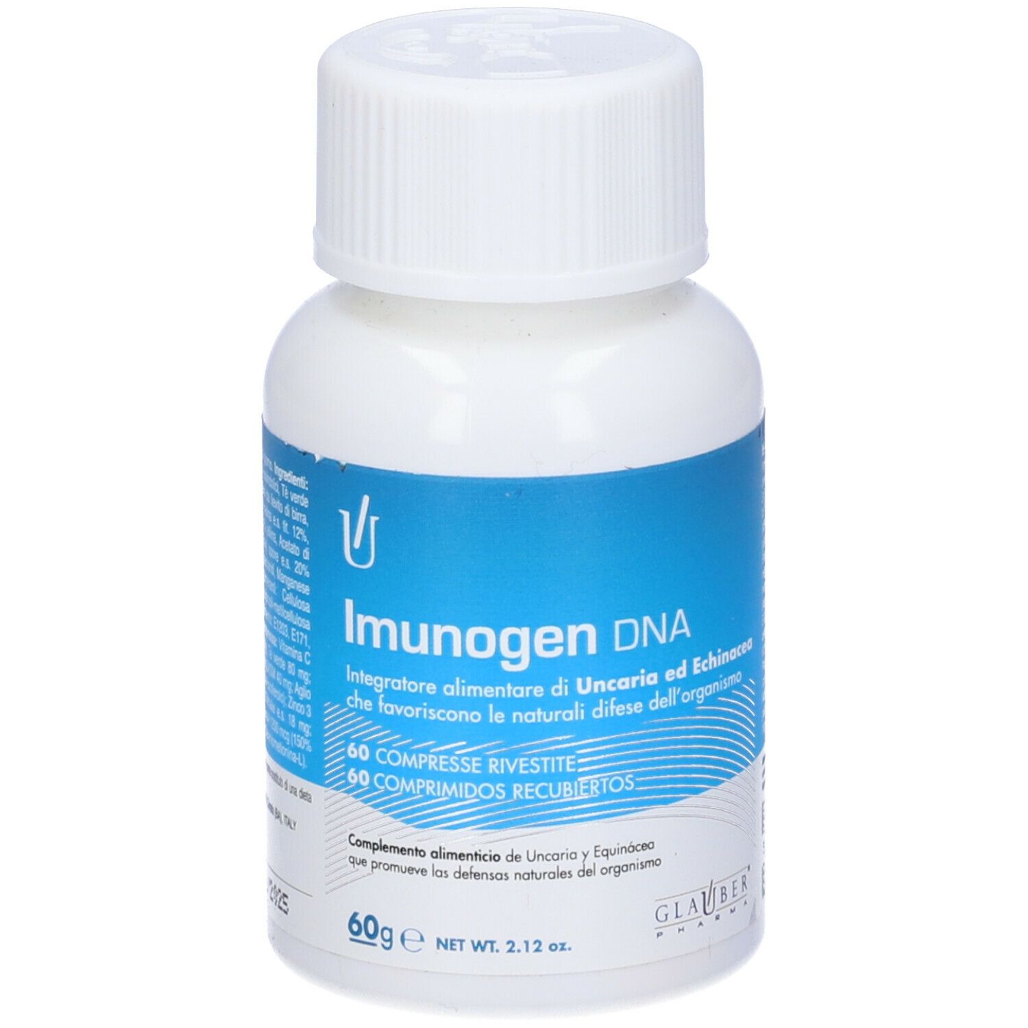 Flacone bianco con etichetta blu. Contiene Imunogen DNA, 60 compresse. Con tappo a vite bianco.