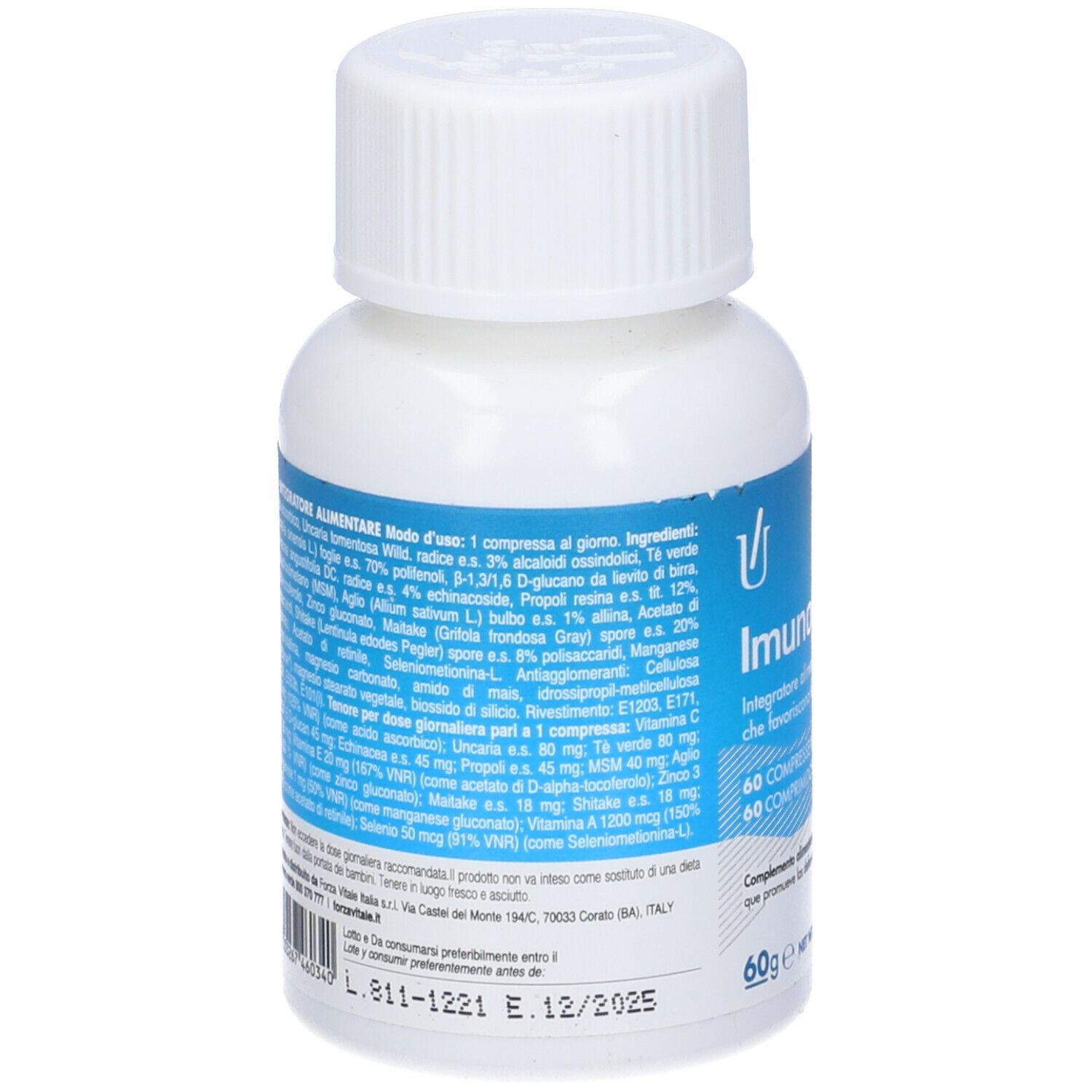 Flacone bianco con etichetta blu. Contiene Imunogen DNA, 60 compresse. Con tappo a vite bianco.
