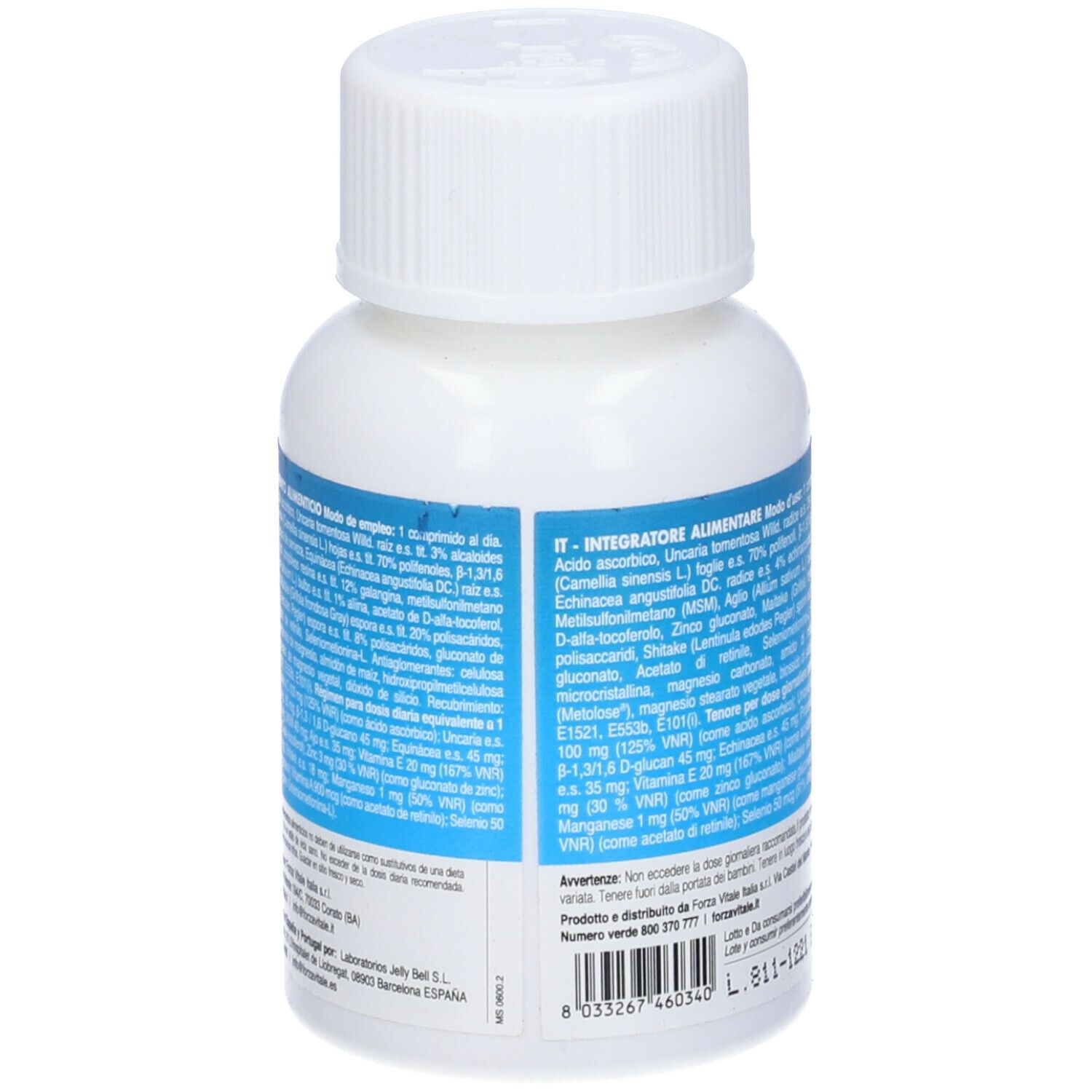 Flacone bianco con etichetta blu. Contiene Imunogen DNA, 60 compresse. Con tappo a vite bianco.
