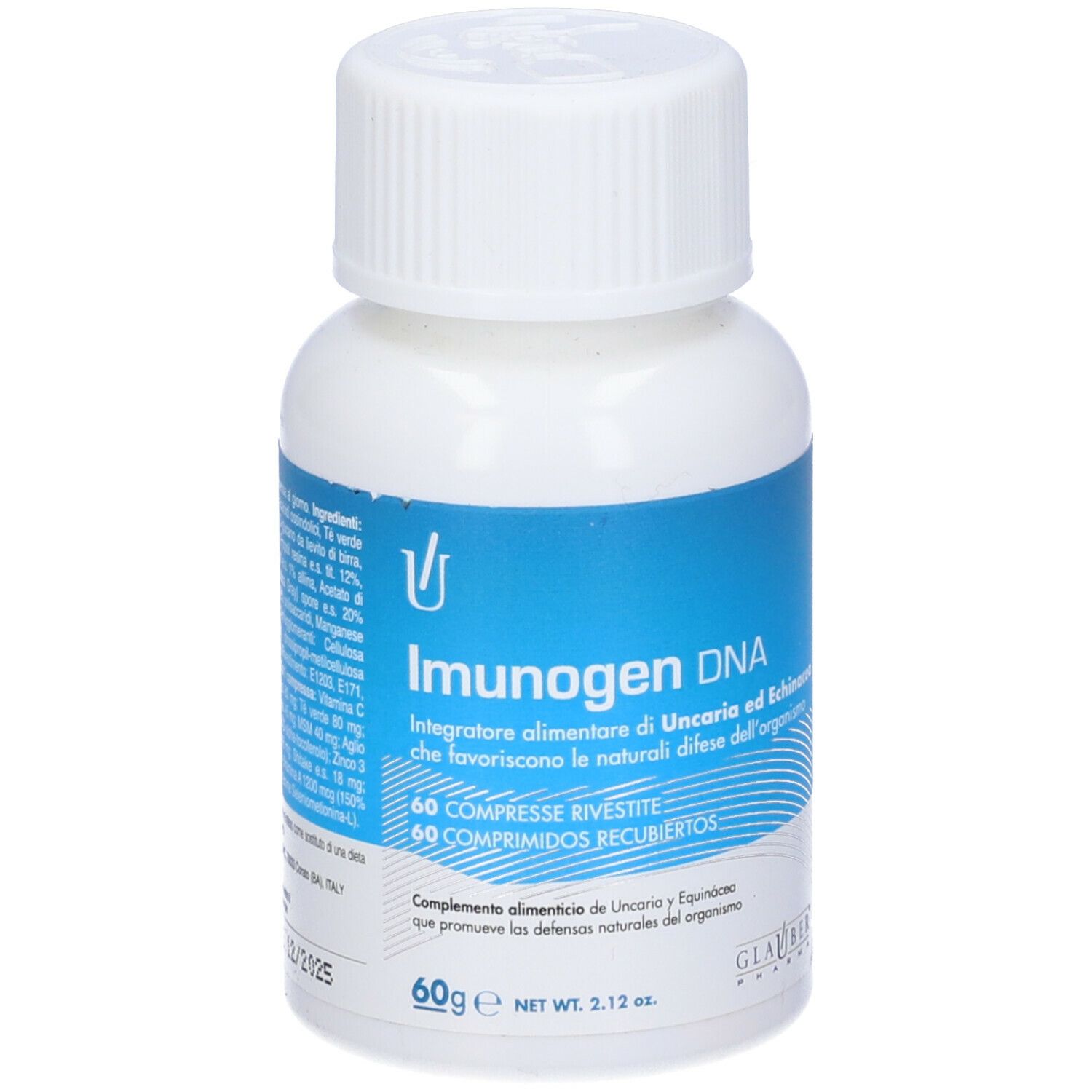 Flacone bianco con etichetta blu. Contiene Imunogen DNA, 60 compresse. Con tappo a vite bianco.
