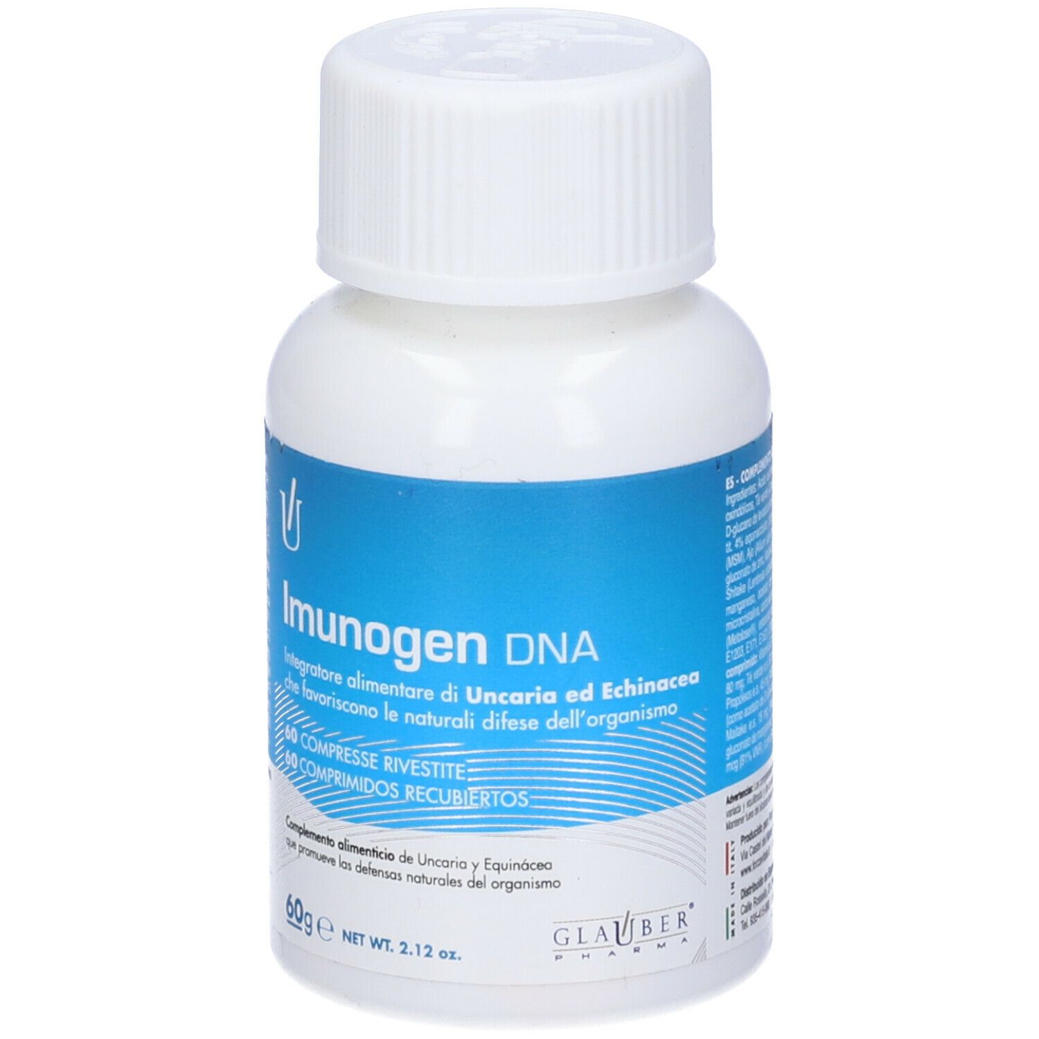 Flacone bianco con etichetta blu. Contiene Imunogen DNA, 60 compresse. Con tappo a vite bianco.