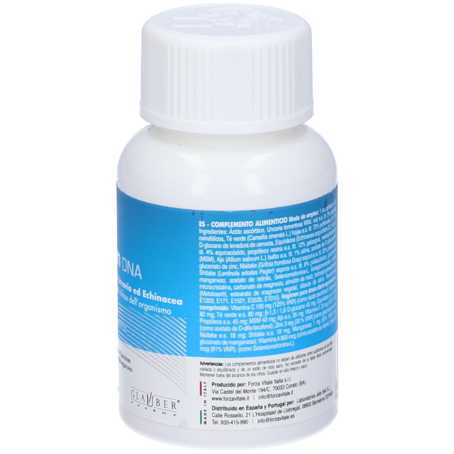 Flacone bianco con etichetta blu. Contiene Imunogen DNA, 60 compresse. Con tappo a vite bianco.