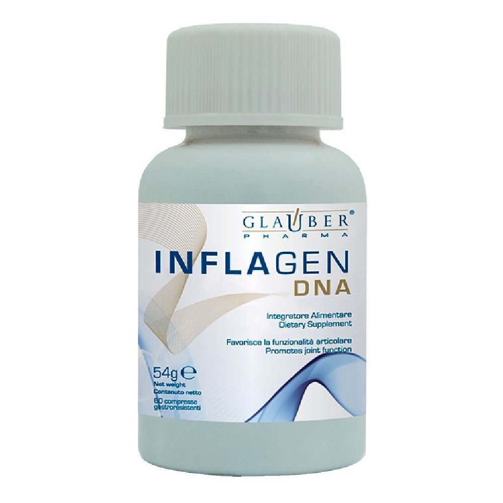 Flacone verde chiaro con tappo bianco. Scritta: GLAUBER PHARMA INFLAGEN DNA. Contiene 60 compresse.