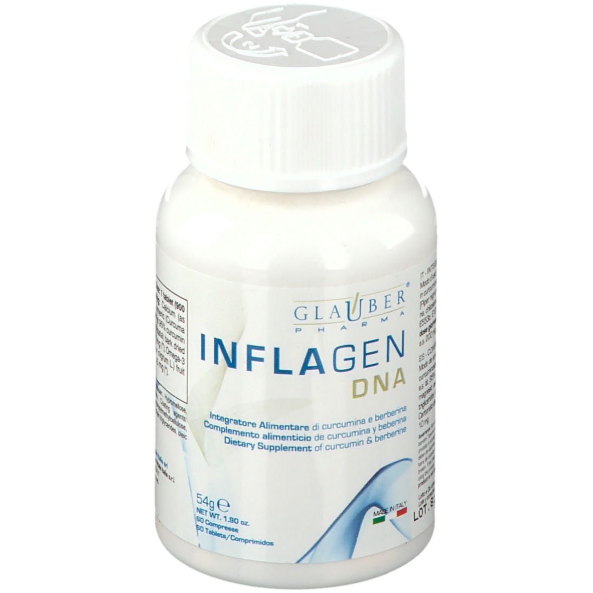 Flacone bianco con tappo bianco. Scritta: GLAUBER PHARMA INFLAGEN DNA. Contiene 60 compresse.