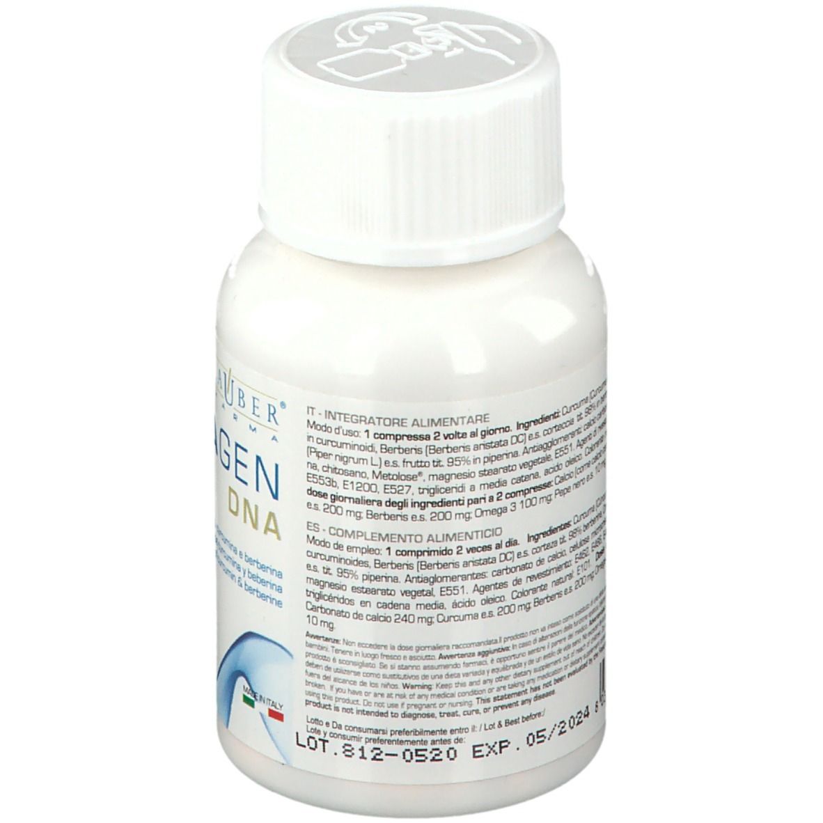 Flacone bianco con tappo bianco. Scritta: GLAUBER PHARMA INFLAGEN DNA. Testo sul retro.
