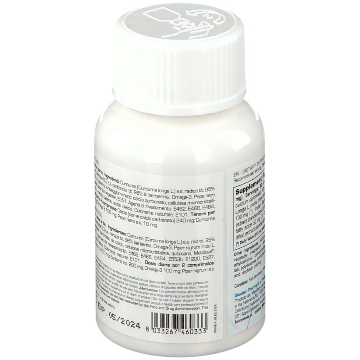 Flacone bianco con tappo bianco. Scritta: GLAUBER PHARMA INFLAGEN DNA. Testo sul retro.