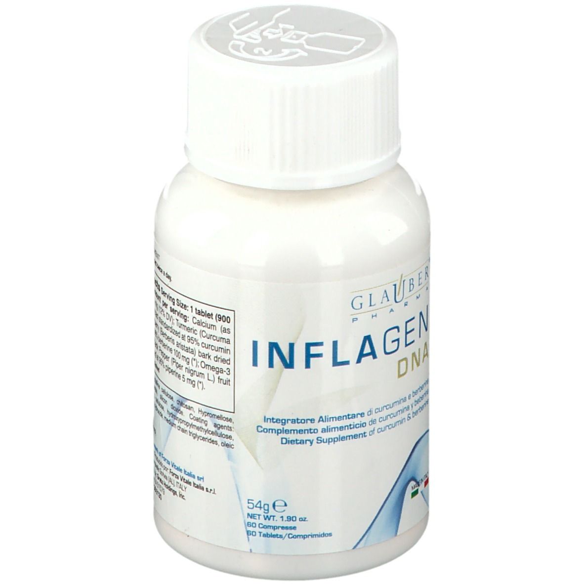 Flacone bianco con tappo bianco. Scritta: GLAUBER PHARMA INFLAGEN DNA. Contiene 60 compresse.