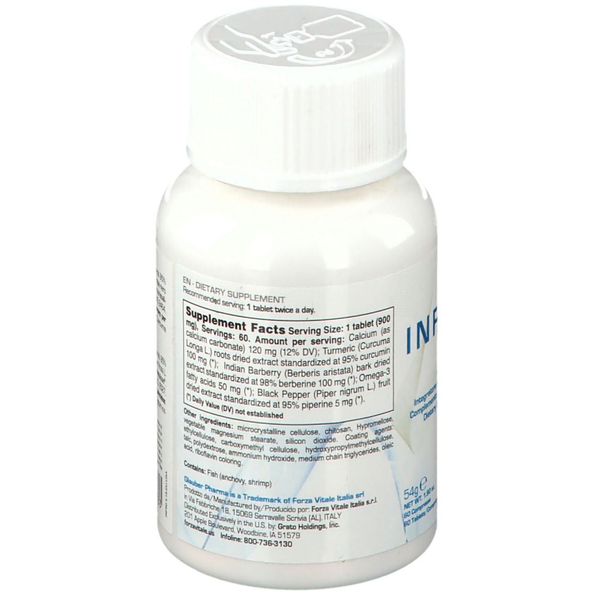 Flacone bianco con tappo bianco. Scritta: GLAUBER PHARMA INFLAGEN DNA. Contiene 60 compresse.