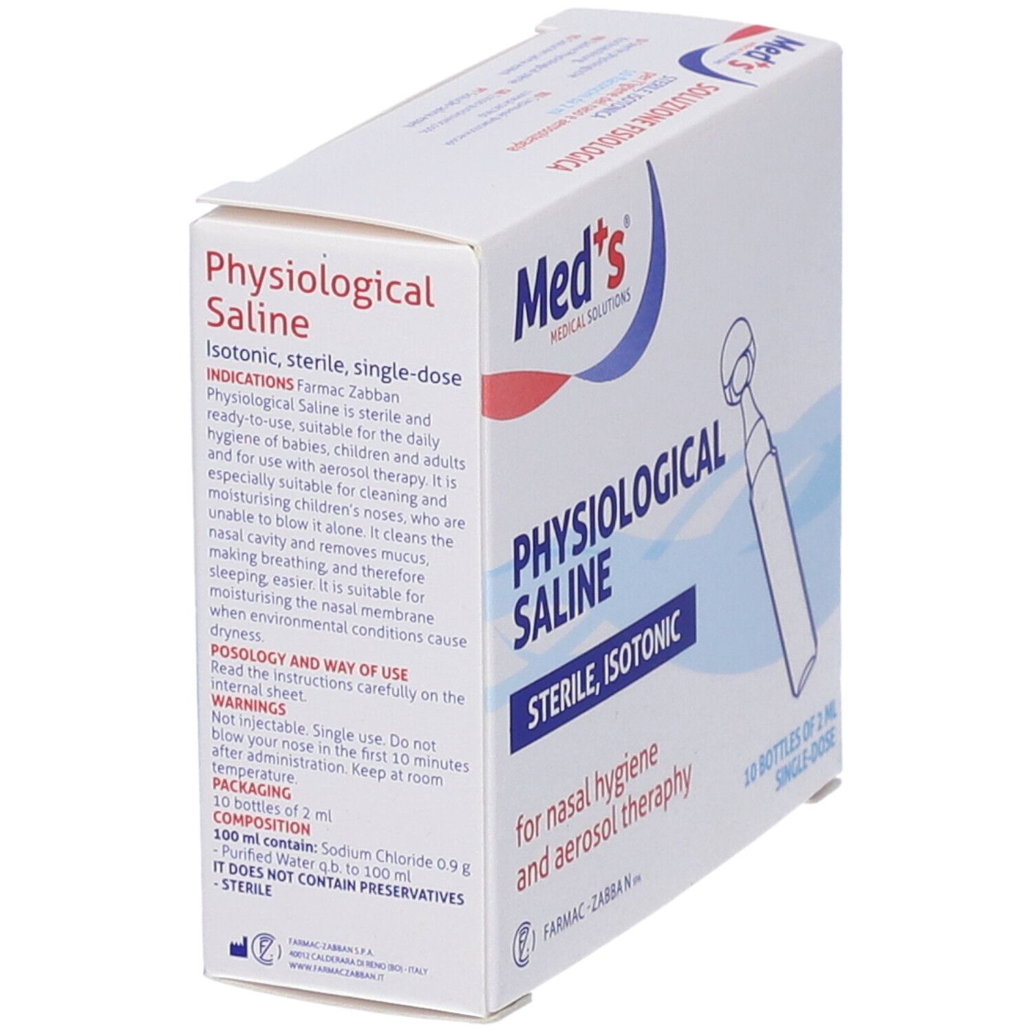 Med+s Physiologische Kochsalzlösung, Packung mit 10 Einzeldosisflaschen à 2 ml.