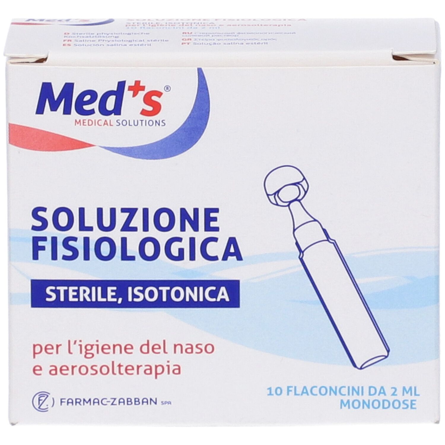Med+s Soluzione Fisiologica sterile, isotonische Kochsalzlösung für Nase und Aerosoltherapie, 10 x 2 ml Einzeldosisbehälter.