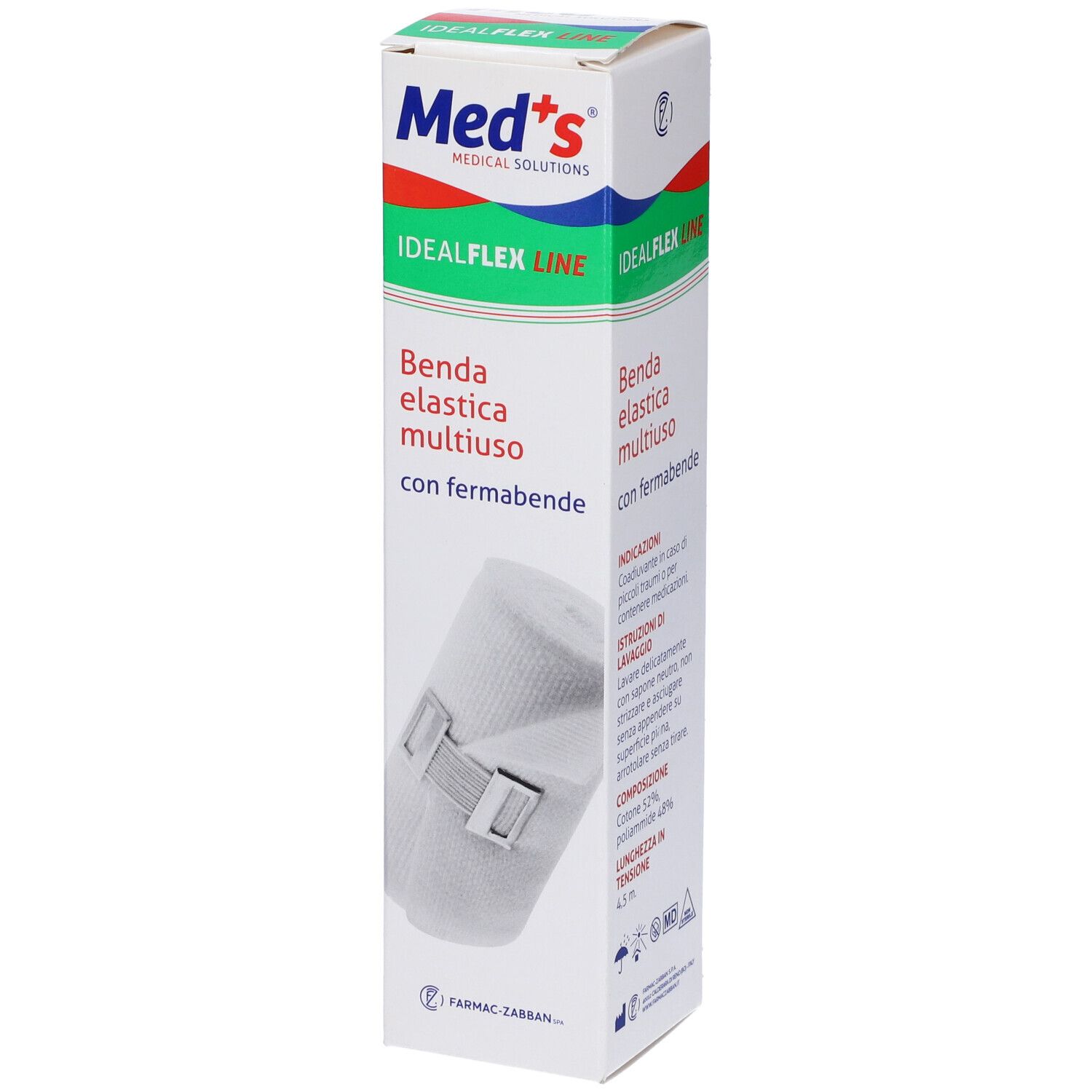 Confezione Med's. Scritta: IdealFlex Line, Benda elastica multiuso con fermabende. Bendaggio con chiusura.