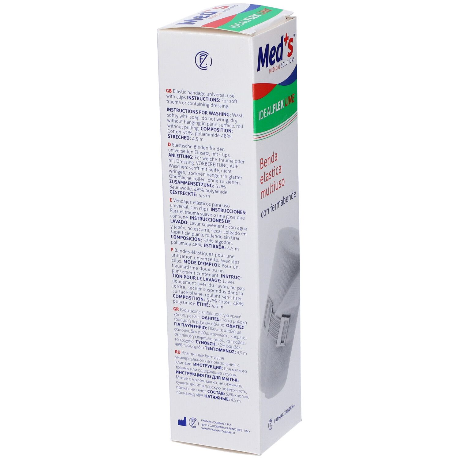 Confezione Med's. Scritta: IdealFlex Line, Benda elastica multiuso con fermabende. Testo multilingue.
