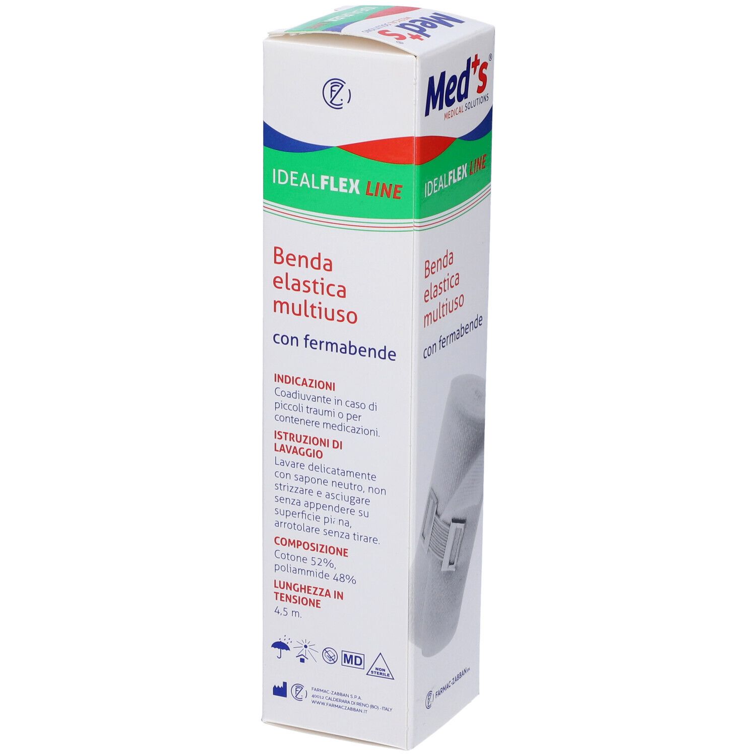 Confezione Med's. Scritta: IdealFlex Line, Benda elastica multiuso con fermabende. Bendaggio con chiusura.