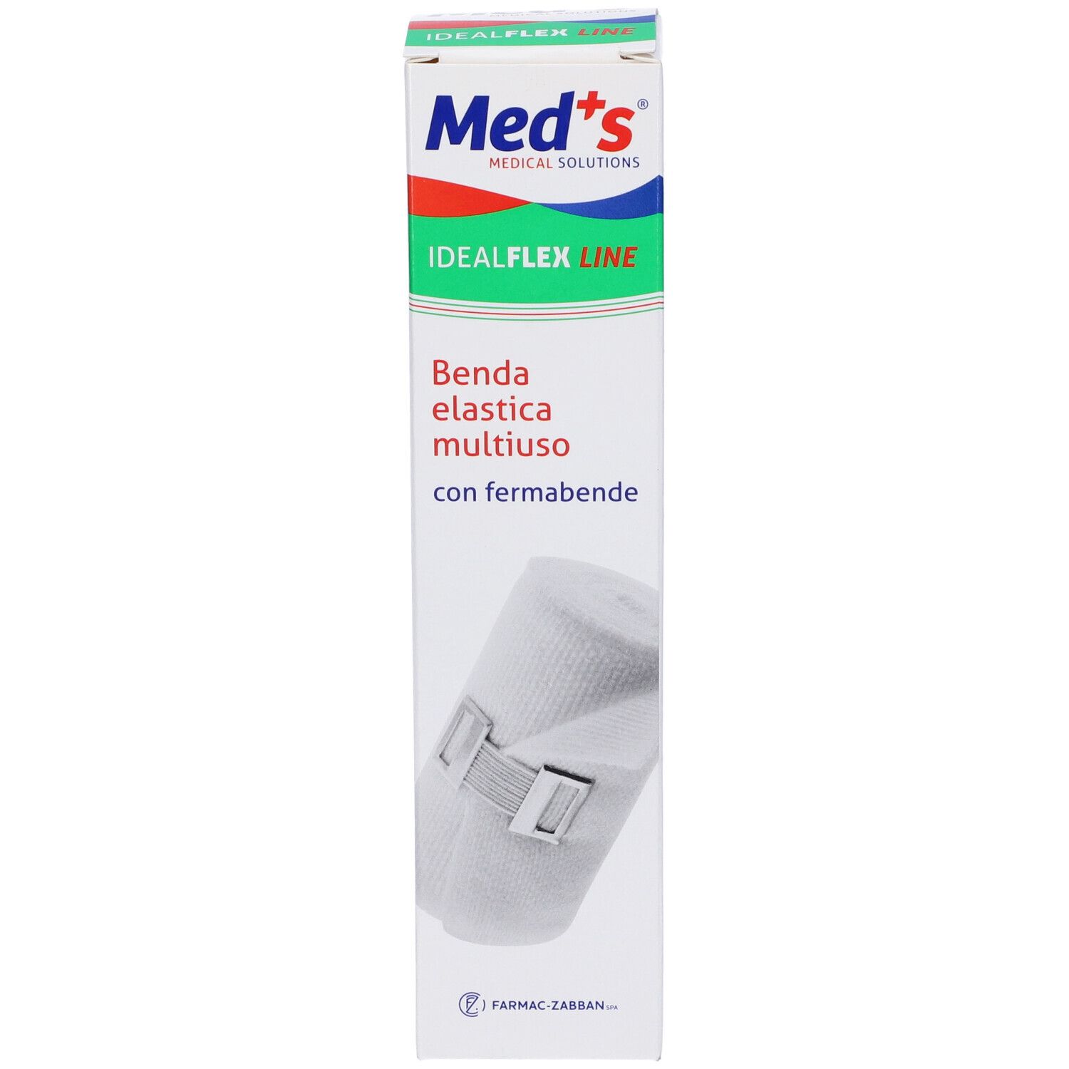 Confezione Med's. Scritta: IdealFlex Line, Benda elastica multiuso con fermabende. Bendaggio con chiusura.