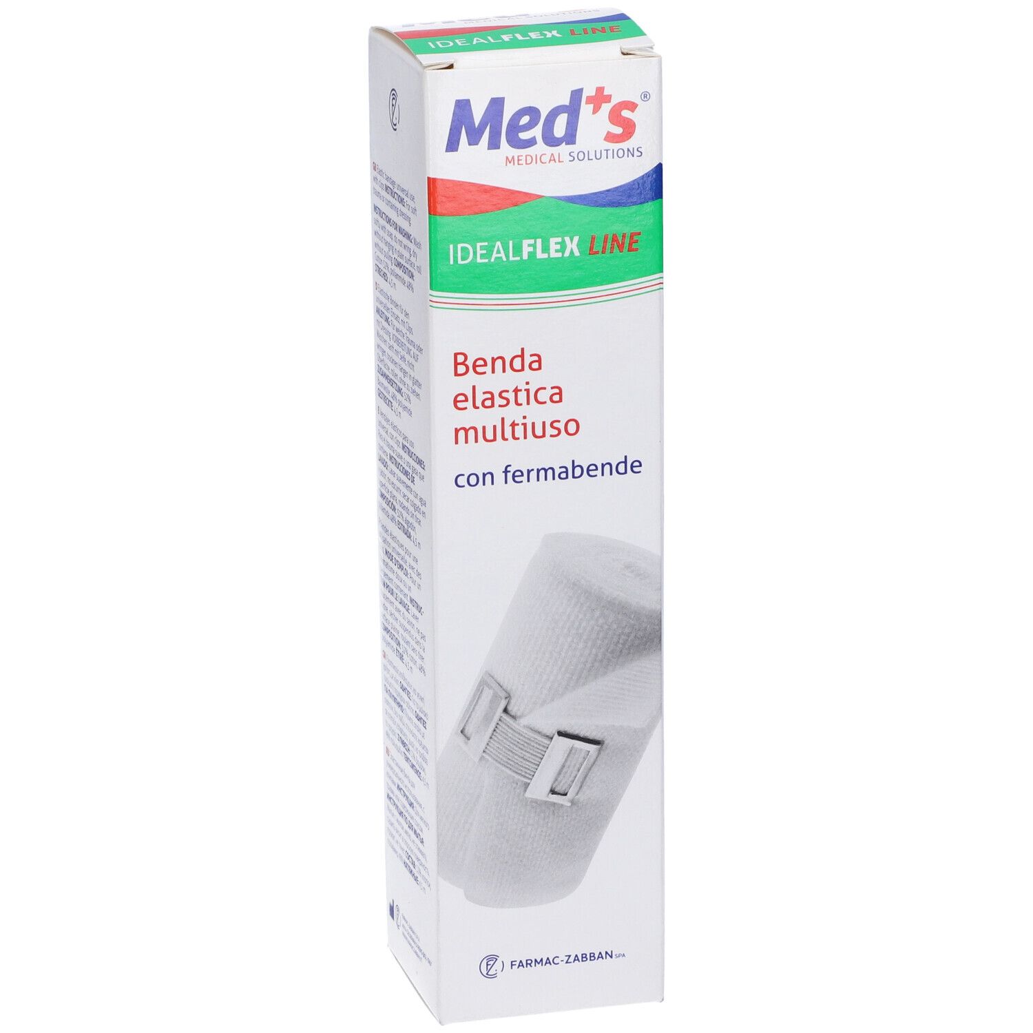 Confezione Med's. Scritta: IdealFlex Line, Benda elastica multiuso con fermabende. Bendaggio con chiusura.