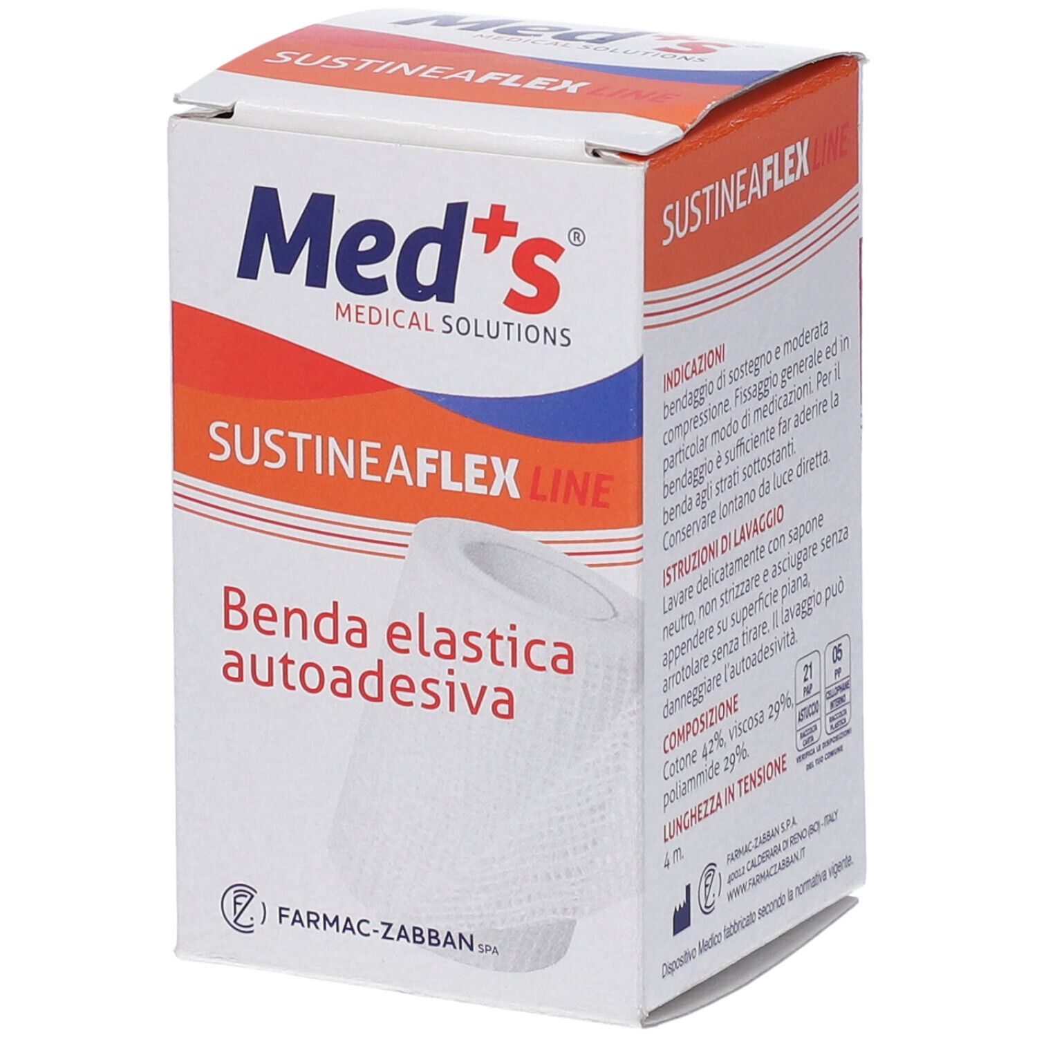 Verpackung SustineaFlex Line. Aufschrift: Med's, Benda elastica autoadesiva. Weißes Produkt abgebildet.