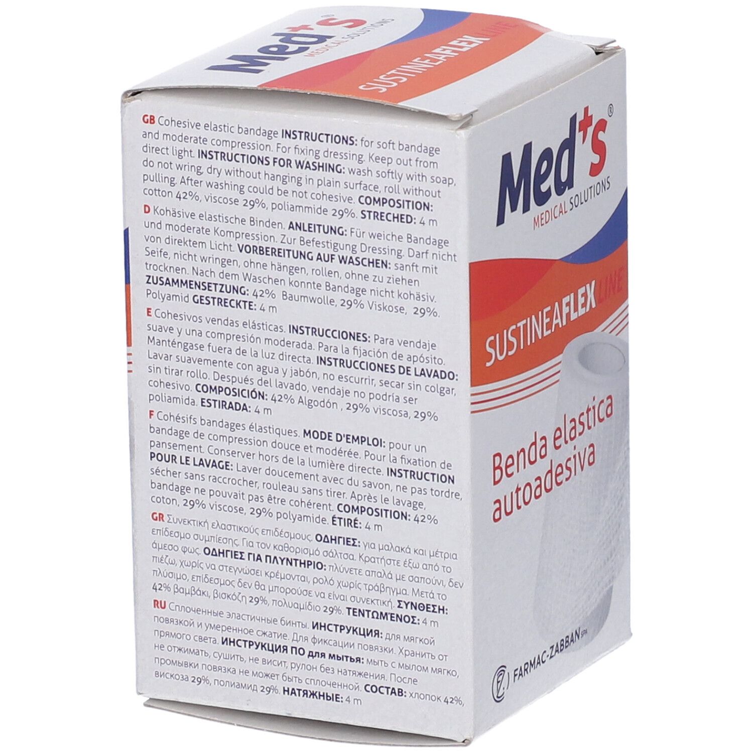 Verpackung SustineaFlex Line. Text in mehreren Sprachen. Produktname: Benda elastica autoadesiva.