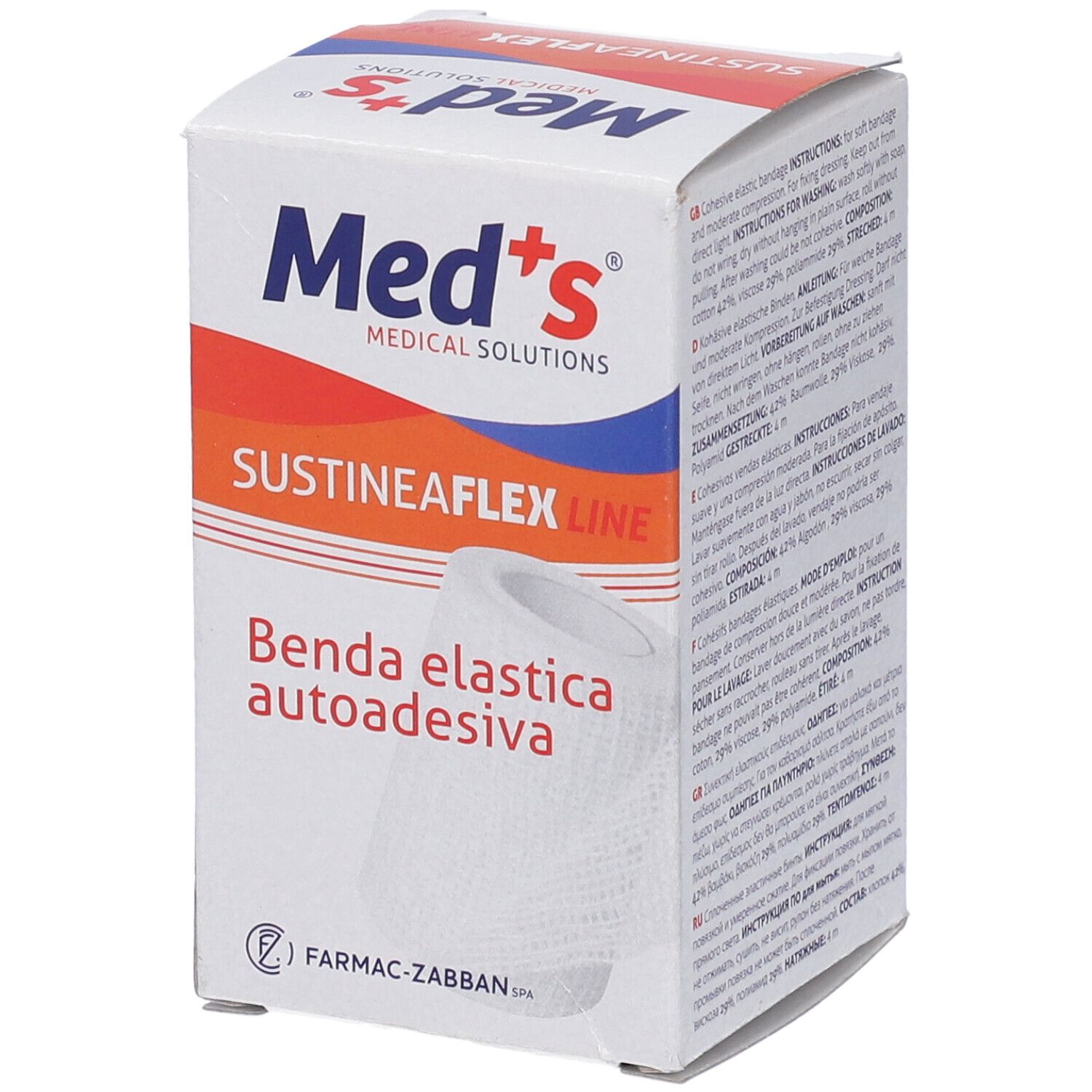 Verpackung SustineaFlex Line. Aufschrift: Med's, Benda elastica autoadesiva. Weißes Produkt abgebildet.
