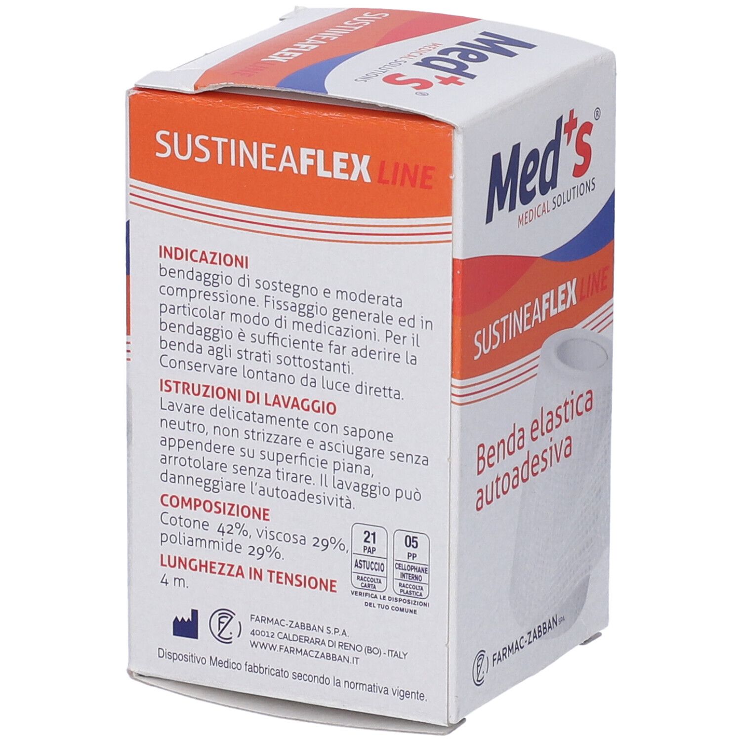 Verpackung SustineaFlex Line. Text in mehreren Sprachen. Produktname: Benda elastica autoadesiva.