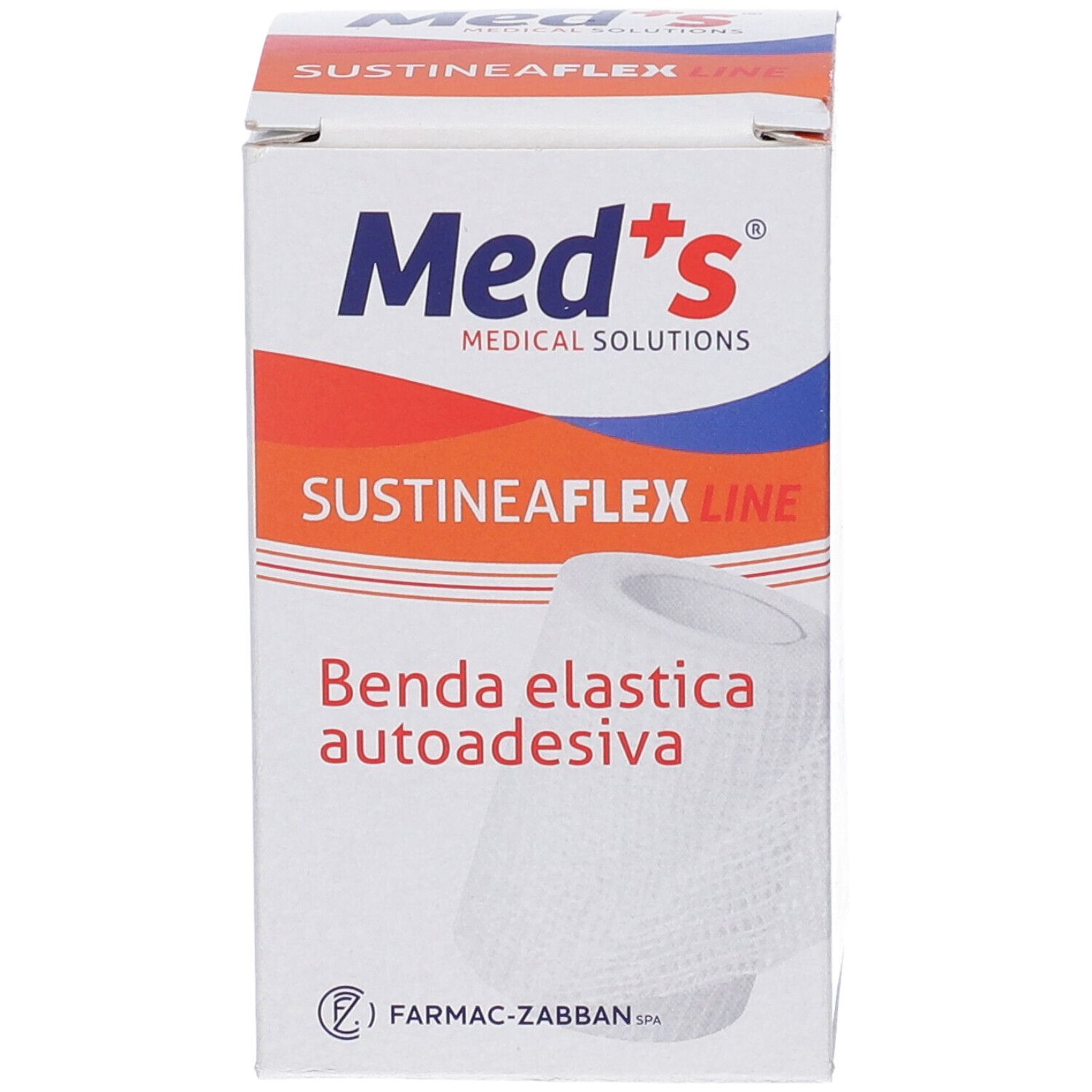 Verpackung SustineaFlex Line. Aufschrift: Med's, Benda elastica autoadesiva. Weißes Produkt abgebildet.
