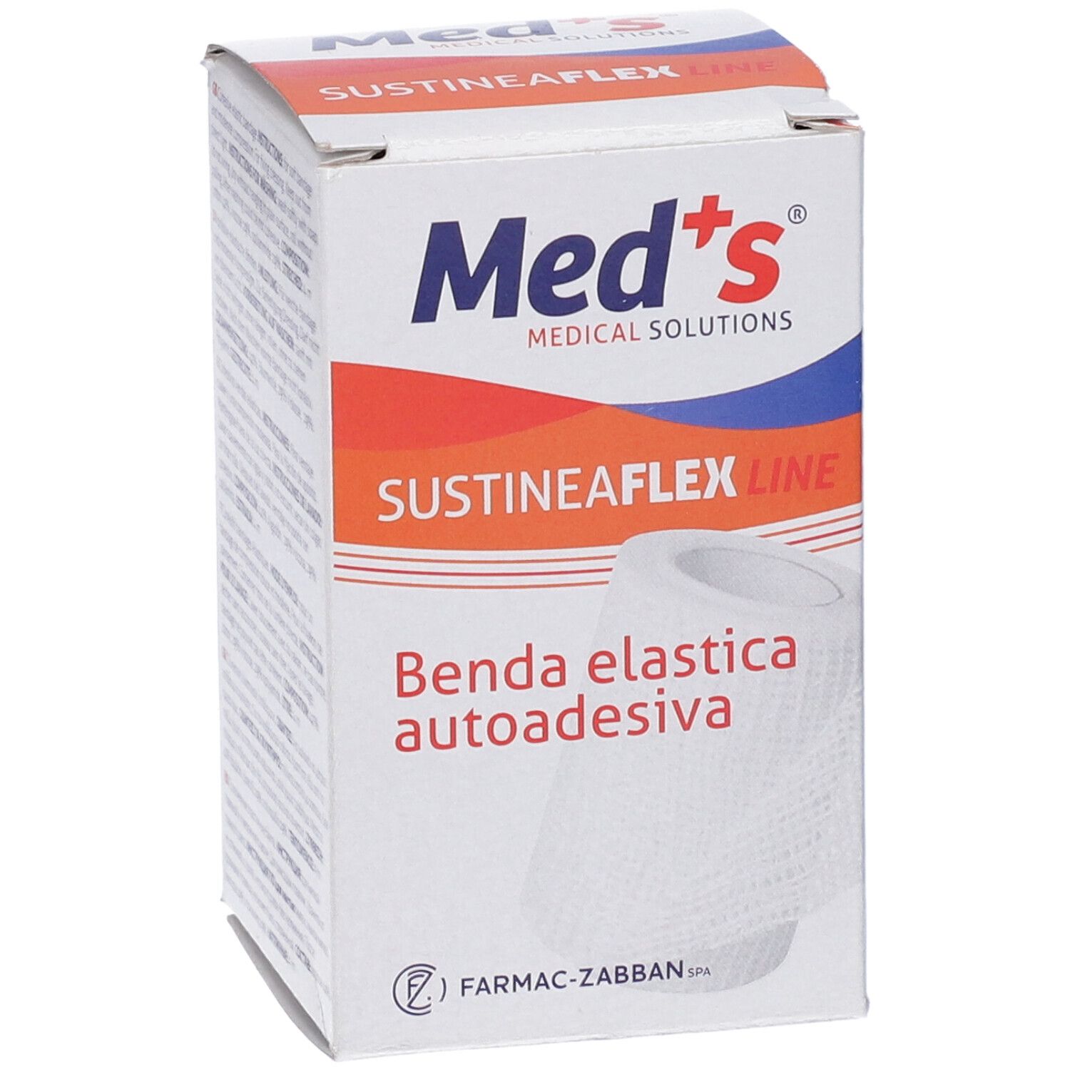 Verpackung SustineaFlex Line. Aufschrift: Med's, Benda elastica autoadesiva. Weißes Produkt abgebildet.