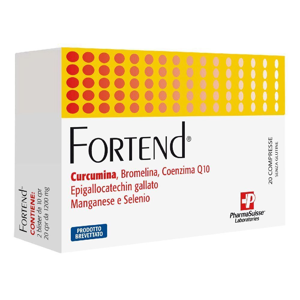 Scatola bianca con motivo giallo-rosso. Scritto: Fortend, ingredienti. 20 compresse, senza glutine. PharmaSuisse Laboratories.