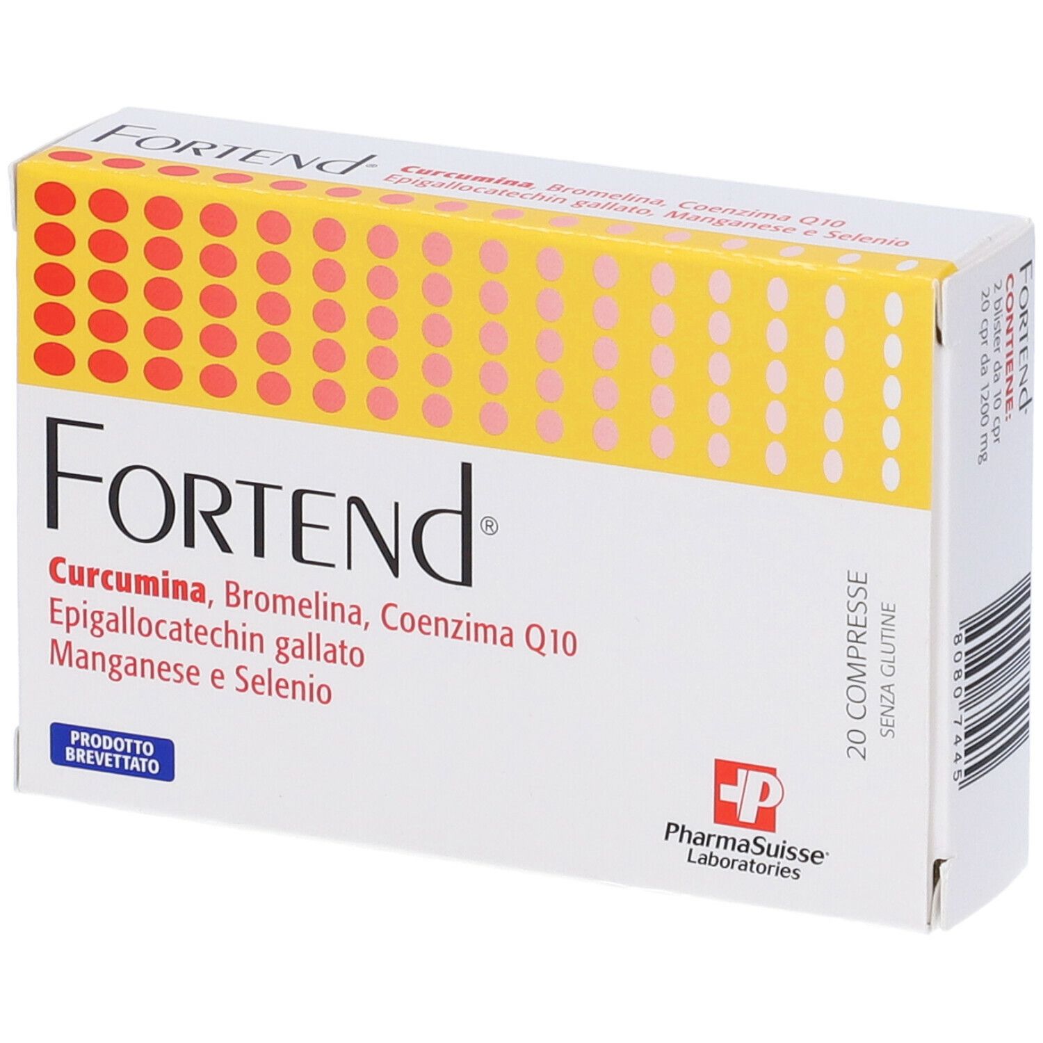 Scatola bianca con motivo giallo-rosso. Scritto: Fortend, ingredienti. 20 compresse, senza glutine. PharmaSuisse Laboratories.