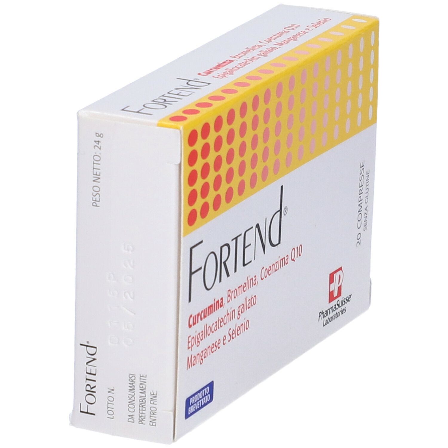 Scatola bianca con motivo giallo-rosso. Scritto: Fortend, ingredienti. 20 compresse, senza glutine. PharmaSuisse Laboratories.