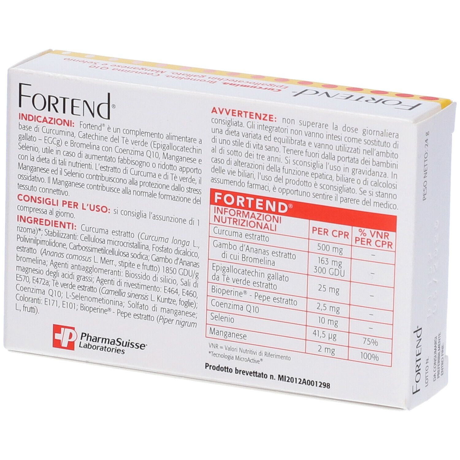 Retro della scatola bianca. Scritto: Fortend, ingredienti, istruzioni per l'uso. PharmaSuisse Laboratories. Informazioni nutrizionali.