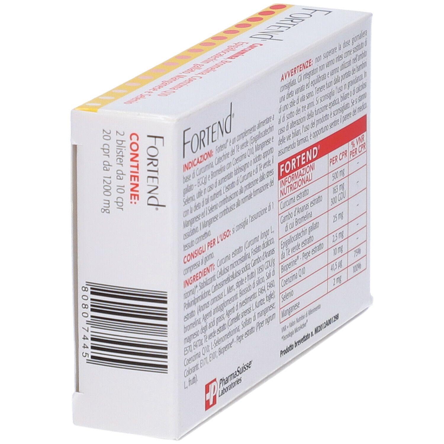 Vista obliqua della scatola bianca. Scritto: Fortend, ingredienti. 20 compresse, senza glutine. PharmaSuisse Laboratories.