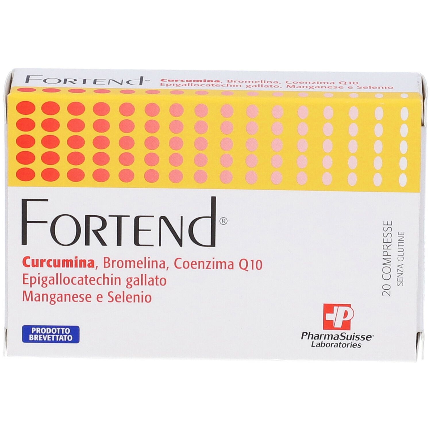 Scatola bianca con motivo giallo-rosso. Scritto: Fortend, ingredienti. 20 compresse, senza glutine. PharmaSuisse Laboratories.