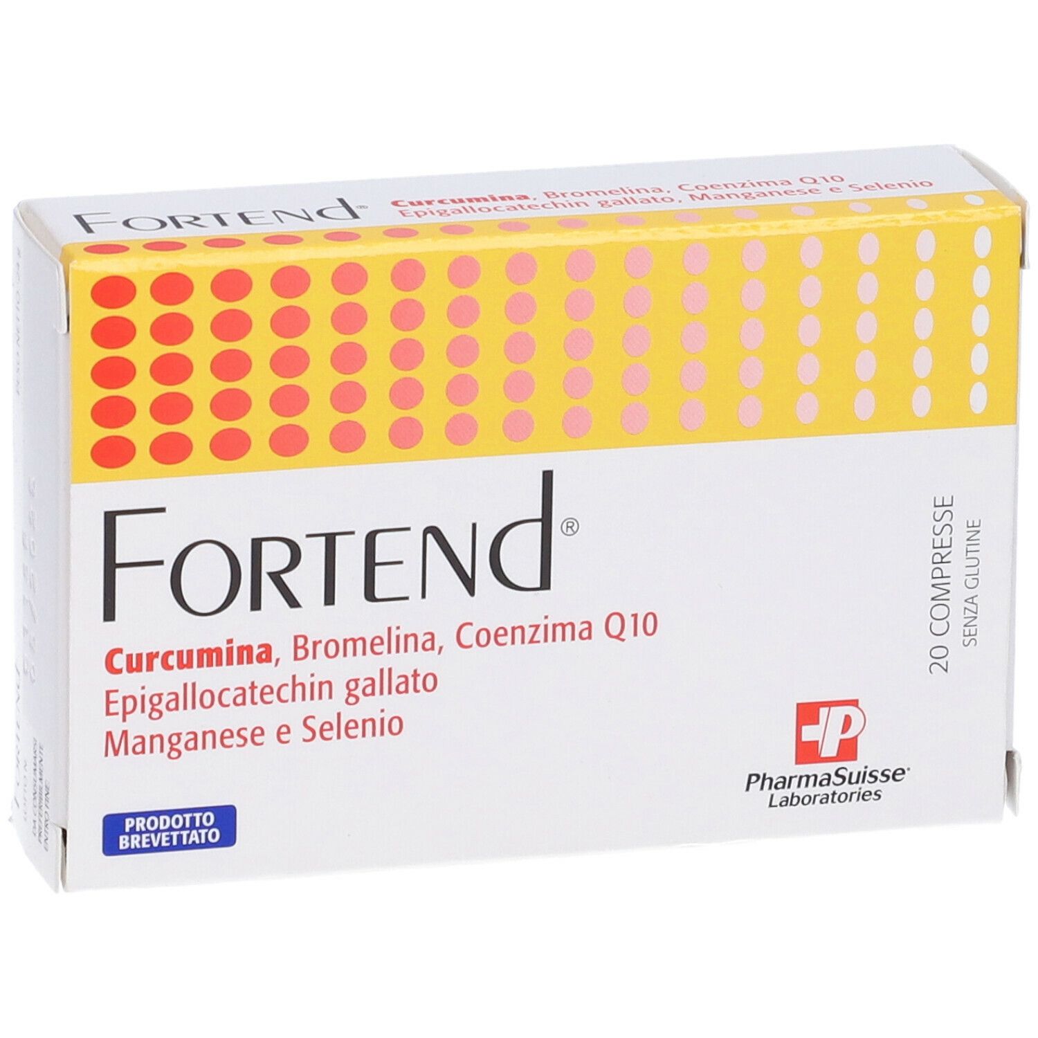 Scatola bianca con motivo giallo-rosso. Scritto: Fortend, ingredienti. 20 compresse, senza glutine. PharmaSuisse Laboratories.