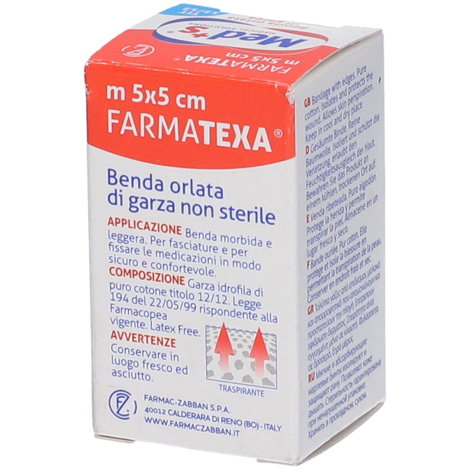 Verpackung. Benda orlata di garza non sterile. Anwendungshinweise. Zusammensetzung: Baumwolle. Latexfrei. Trasparente.