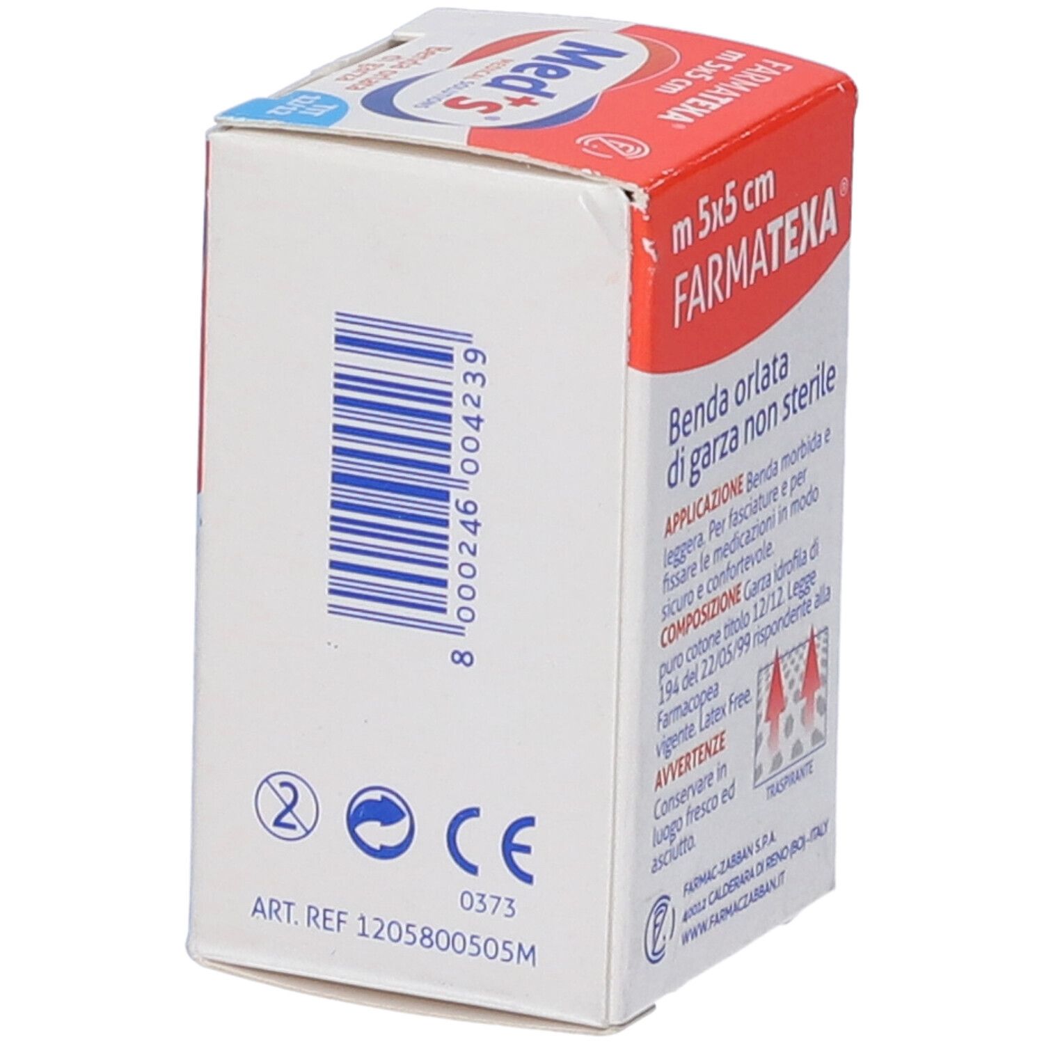 Verpackung. Barcode. CE-Kennzeichnung. Artikelnummer. Benda orlata di garza non sterile. Anwendungshinweise.