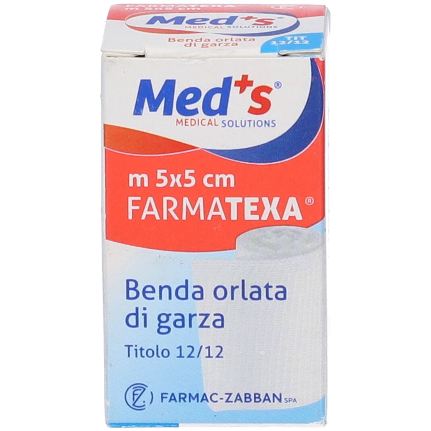 Verbandspäckchen. Med's Farmatexa Orlata, 5x5 cm. Benda orlata di garza. Titel 12/12. Weißes Verbandsmaterial sichtbar.