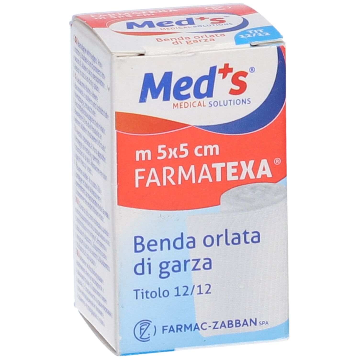 Verbandspäckchen. Med's Farmatexa Orlata, 5x5 cm. Benda orlata di garza. Titel 12/12. Produktansicht.