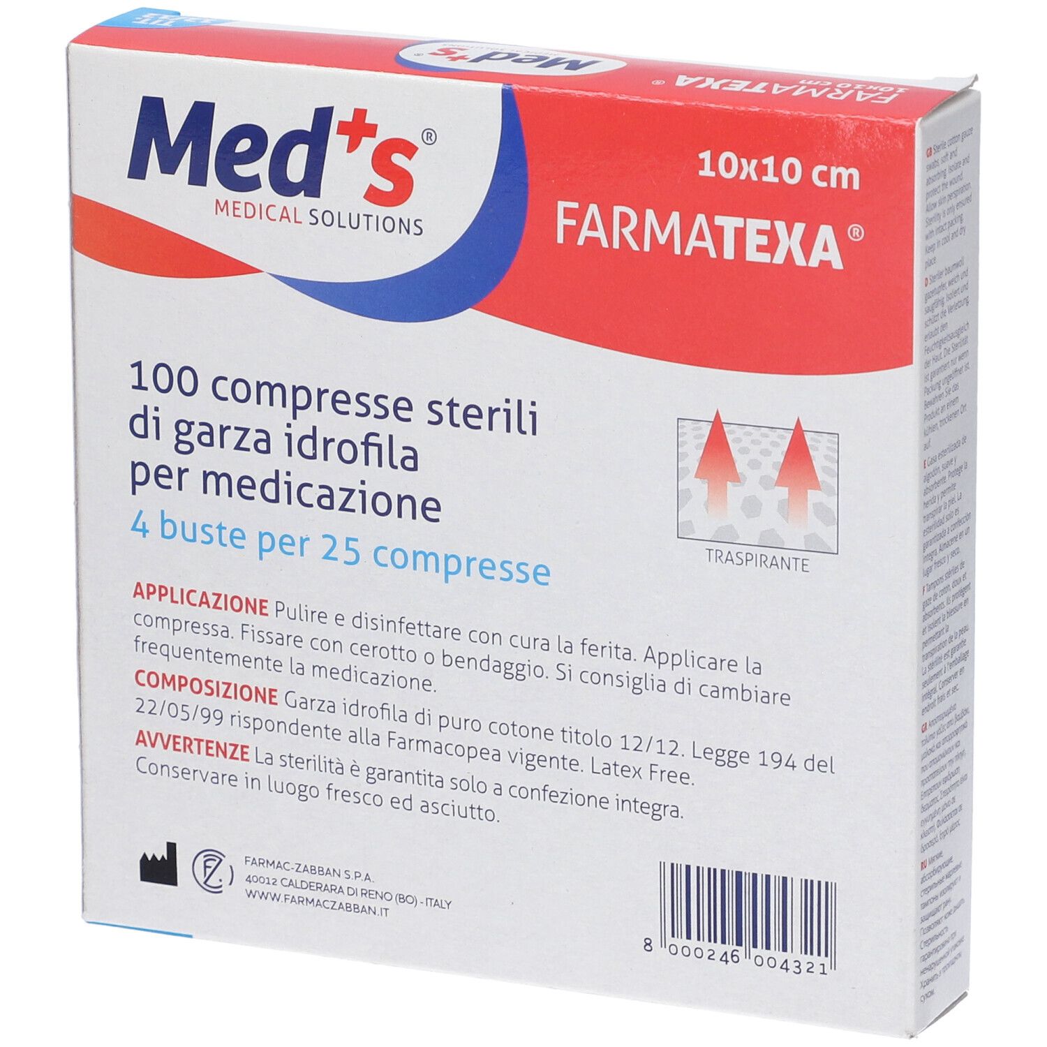 Rückseite der Verpackung mit 100 Kompressen. Marke Med's, Größe 10x10 cm. Produktname Farmatexa. Text und Piktogramme.
