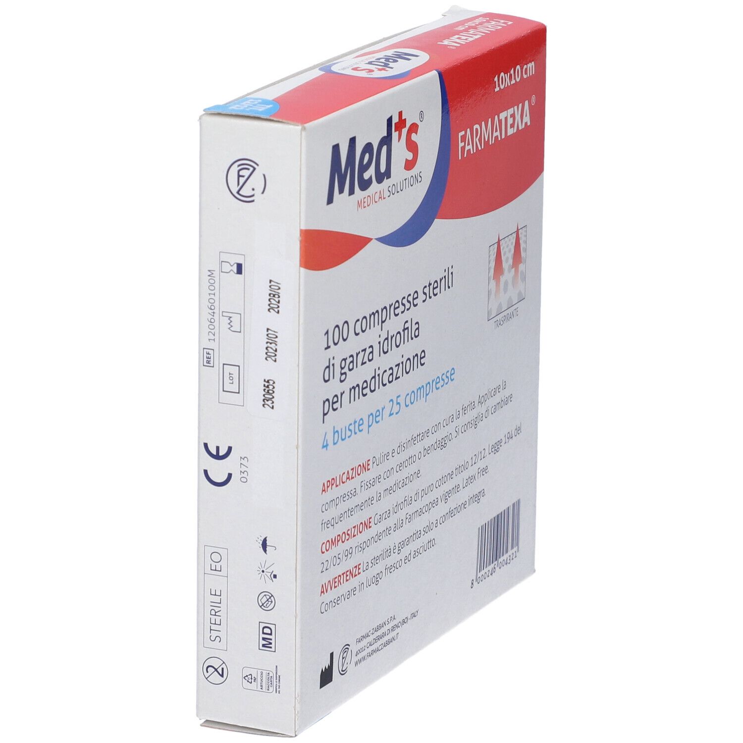 Verpackung mit 100 Kompressen. Marke Med's, Größe 10x10 cm. Produktname Farmatexa. Seitenansicht mit Text und Symbolen.