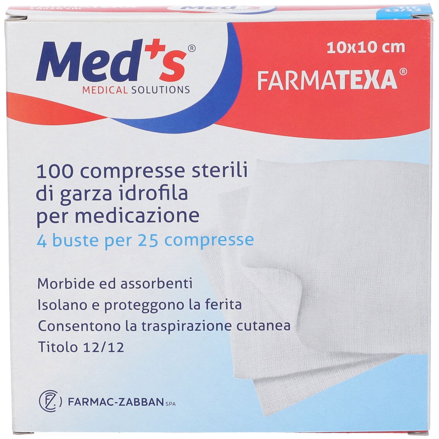 Verpackung mit 100 sterilen Kompressen. Marke Med's, Größe 10x10 cm. Produktname Farmatexa. Weiße Kompressen.