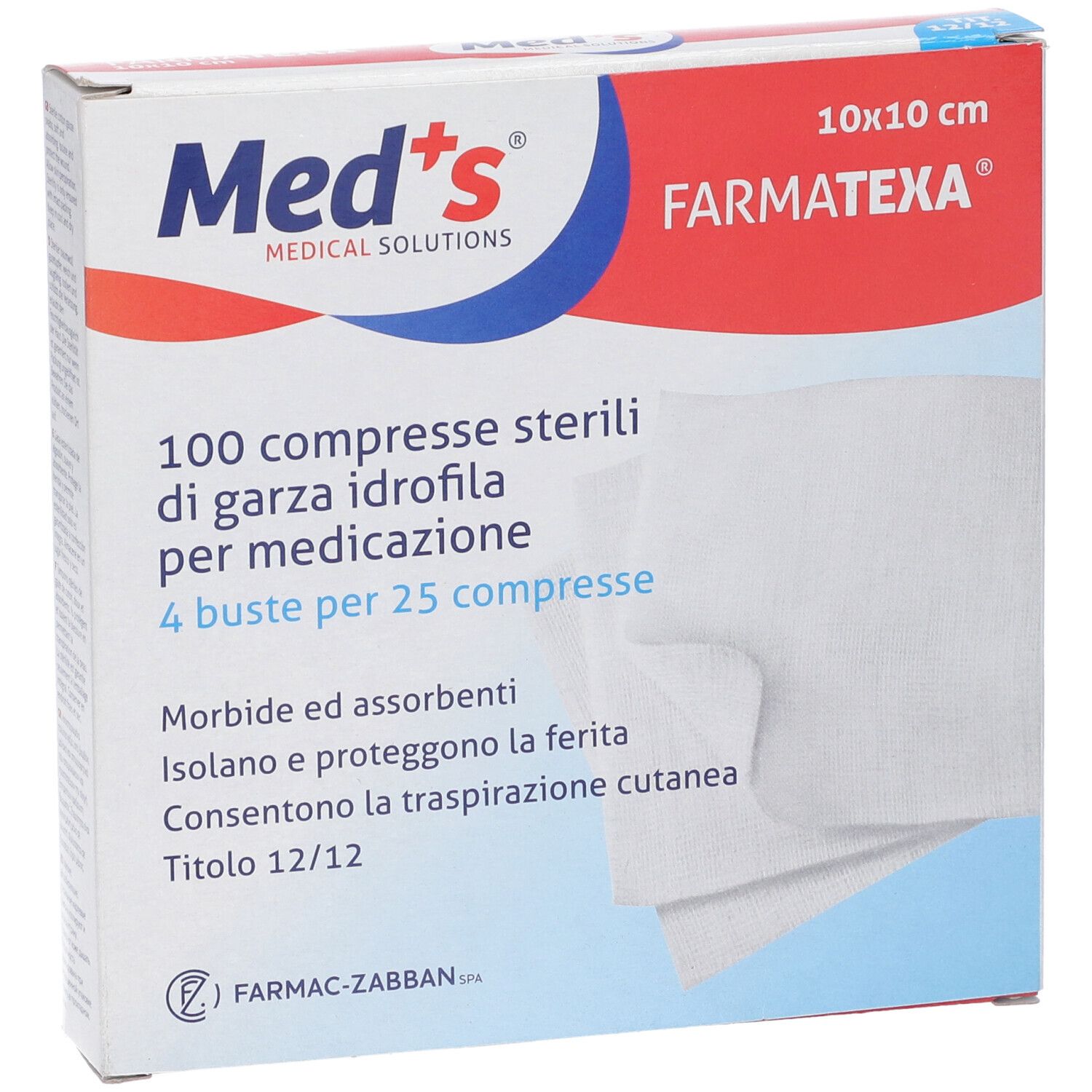 Verpackung mit 100 sterilen Kompressen. Marke Med's, Größe 10x10 cm. Produktname Farmatexa. Weiße Kompressen.