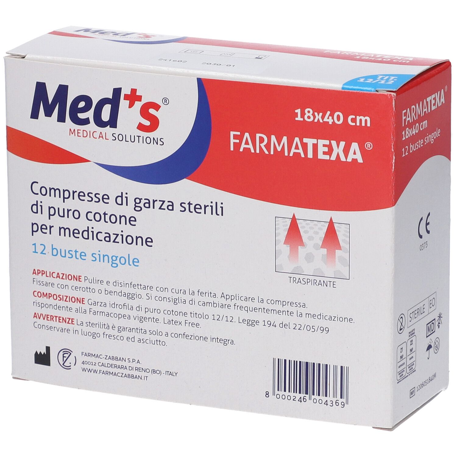 Vorderseite der Verpackung von Med+s Farmatexa sterilen Baumwollgaze-Kompressen, 18x40 cm, 12 Beutel.