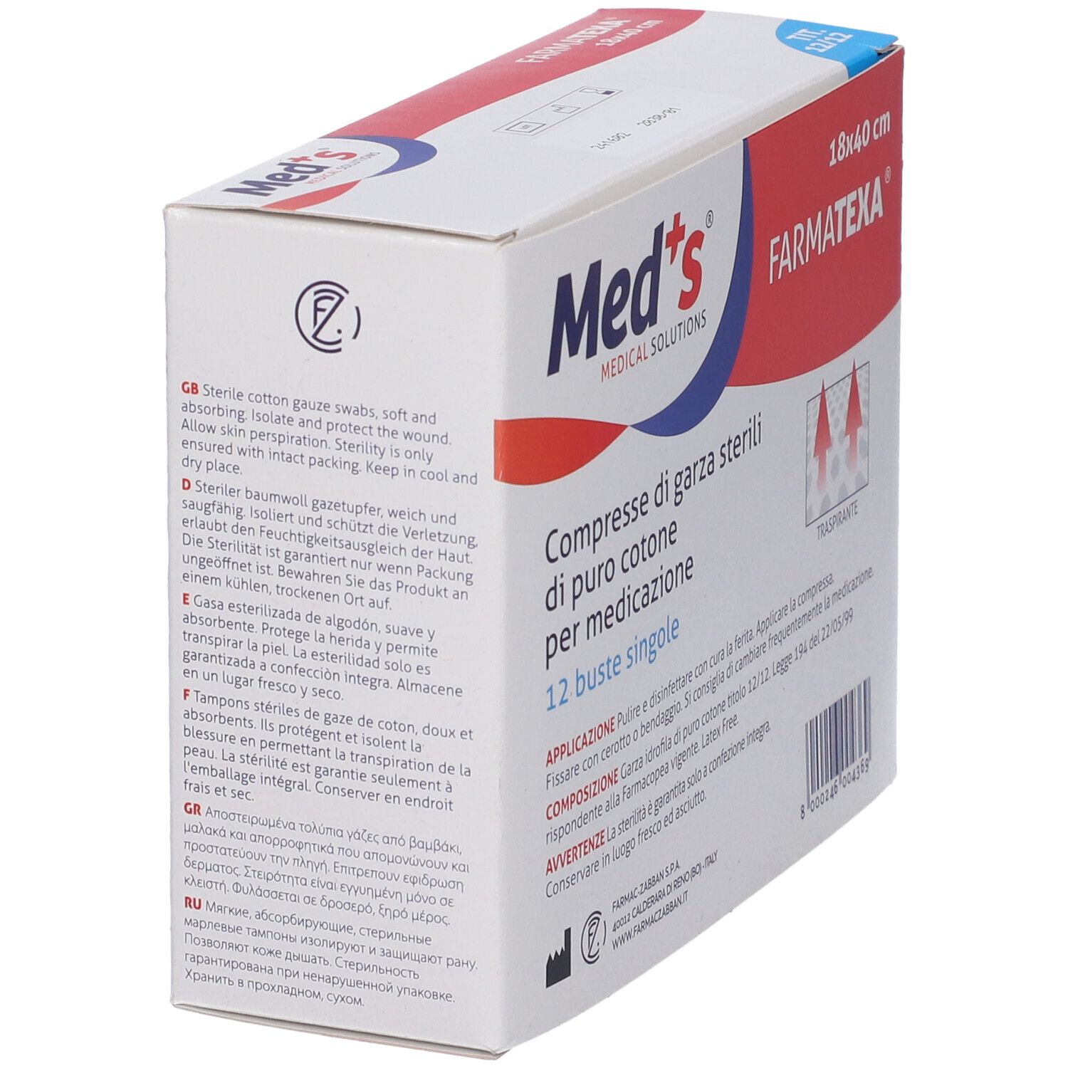 Seitenansicht der Verpackung von Med+s Farmatexa sterilen Baumwollgaze-Kompressen.