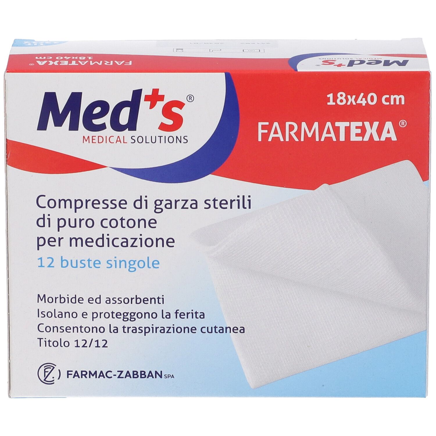 Verpackung mit sterilen Mullkompressen, 18x40 cm, 12 einzeln verpackte Beutel.