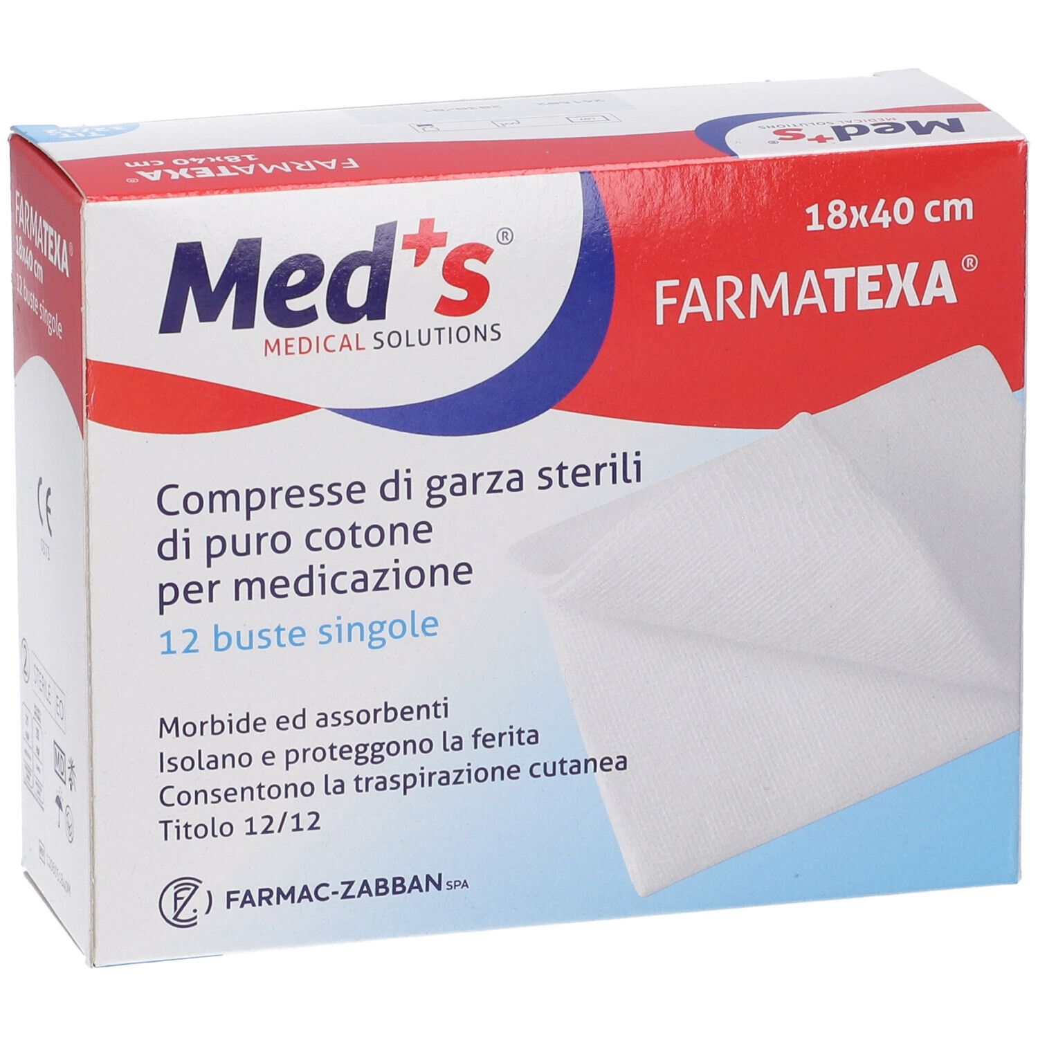 Verpackung von Med+s Farmatexa sterilen Baumwollgaze-Kompressen, 18x40 cm, mit Nahaufnahme der Kompressen.