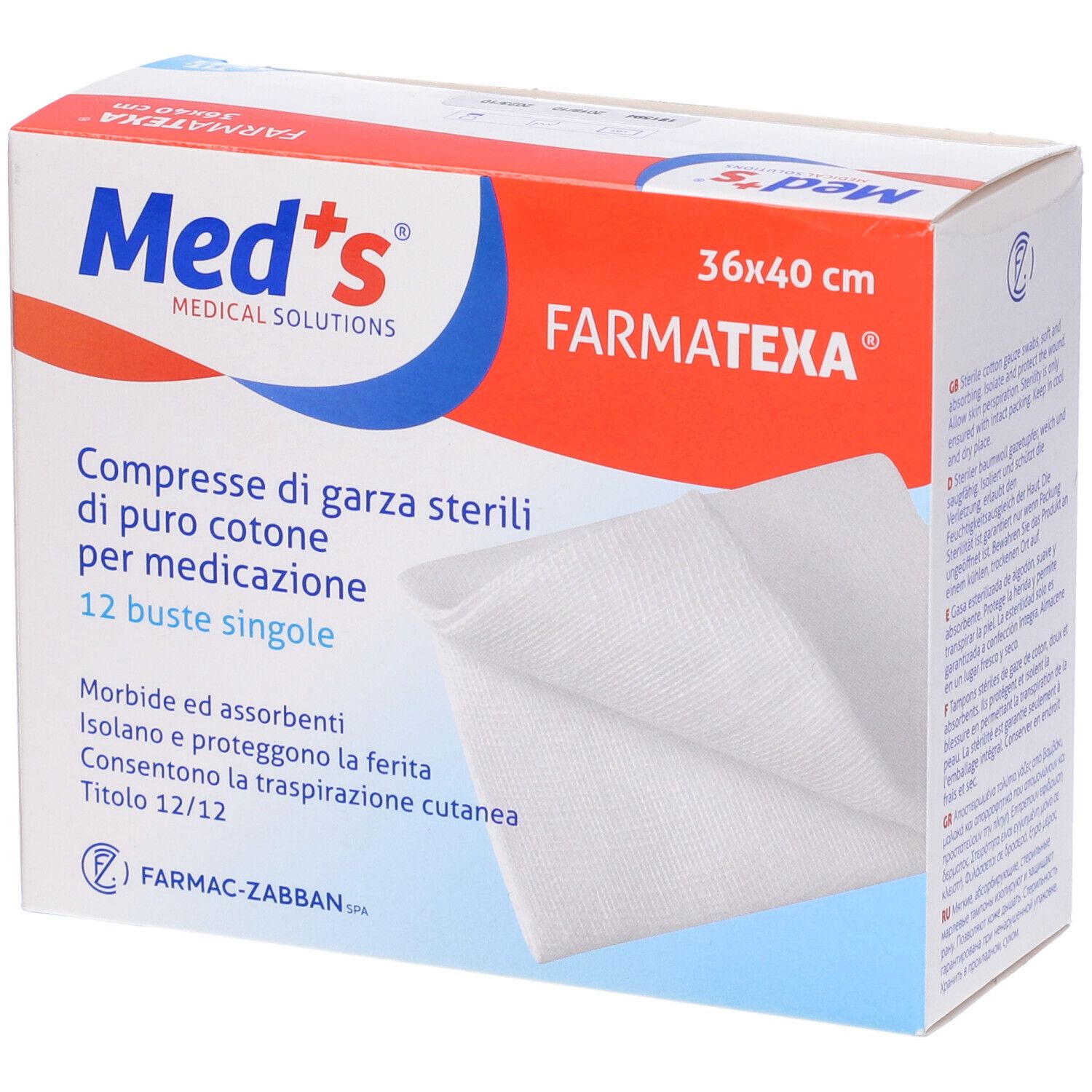 Confezione di garze sterili 36x40 cm. Marchio Med's, FarmaTexa. 12 buste singole.